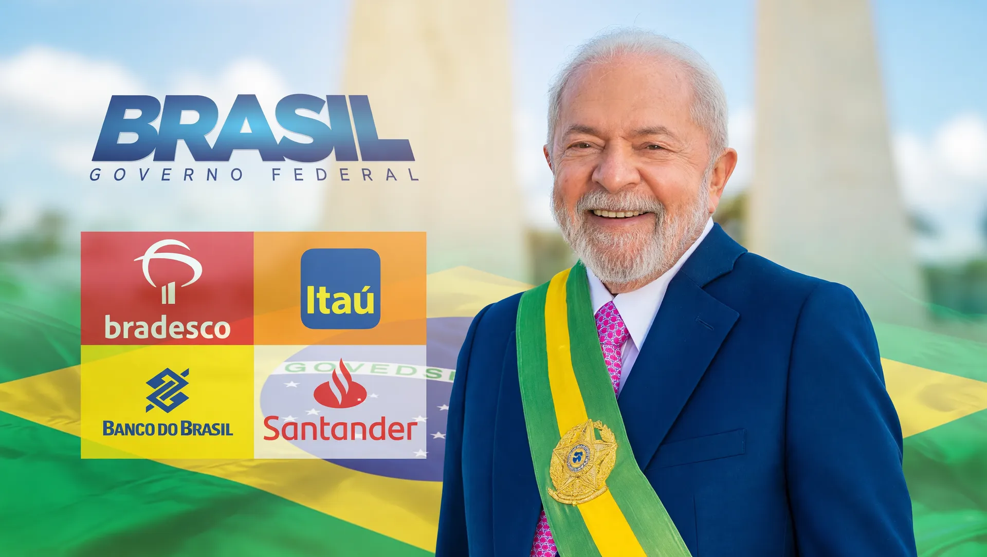 Presidente Lula, logo do Governo Federal e bancos brasileiros em composição sobre Novo Desenrola dívidas até R$ 100
