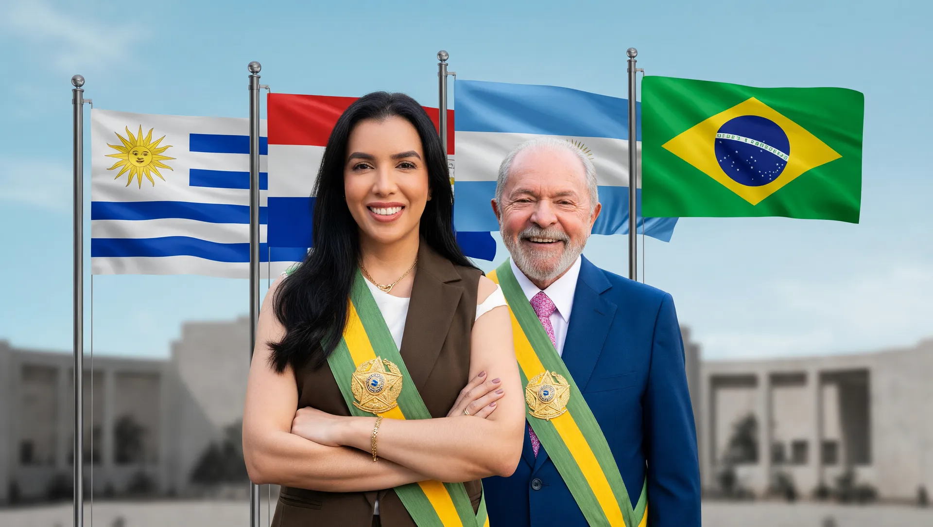 Mulher com brasão presidencial e bandeiras do Mercosul, representando o pacto Mercosul contra feminicídio