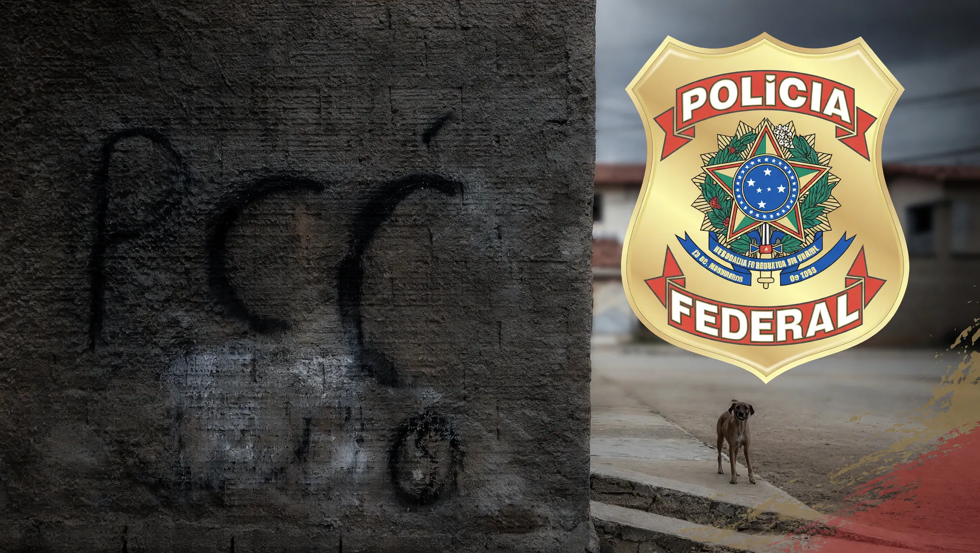 Símbolo da Polícia Federal contra marca do PCC em Santa Cruz de La Sierra, representando investigação contra a facção