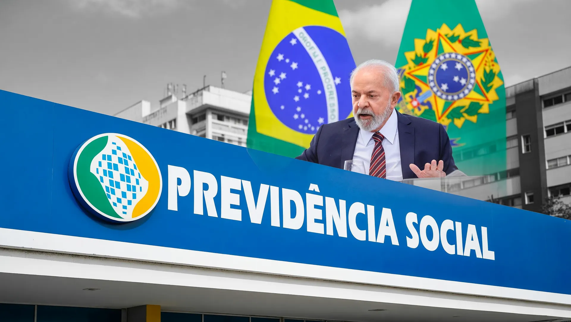 Fachada do INSS com retrato oficial de Lula, representando a PEC do Emprego folha pagamento