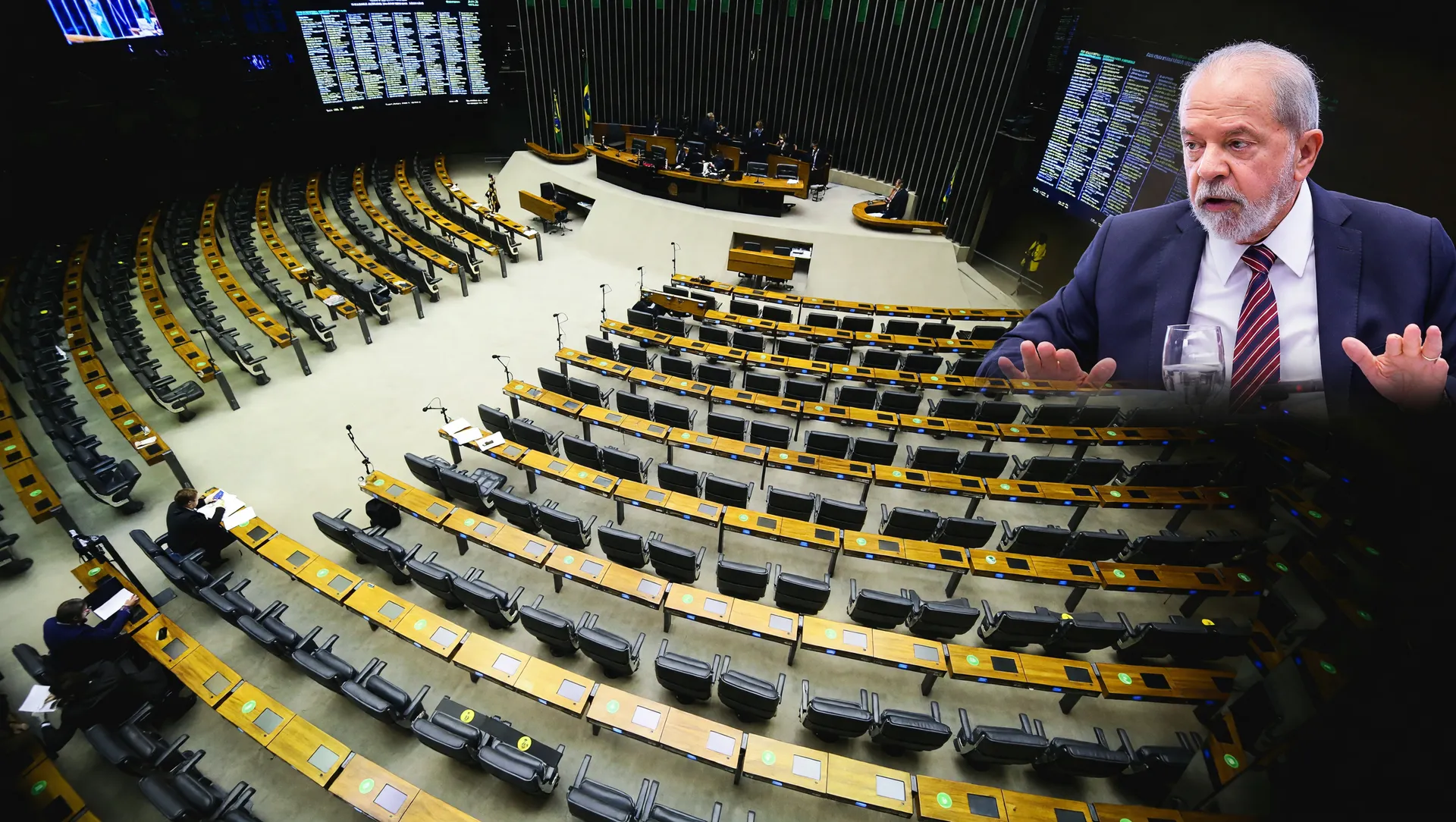Plenário semicircular da Câmara com assentos amarelos e pretos, representando aprovação da PEC fim da escala 6x1