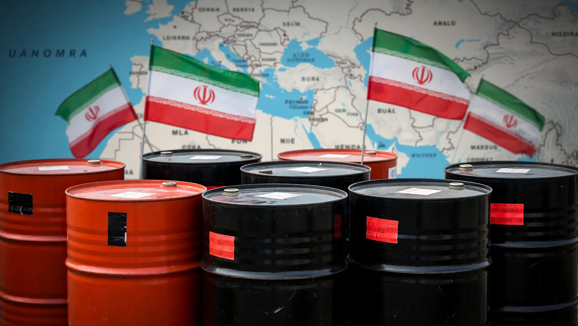 Barris de petróleo Brent em alta: bandeiras iranianas e Estreito de Ormuz em contexto de guerra