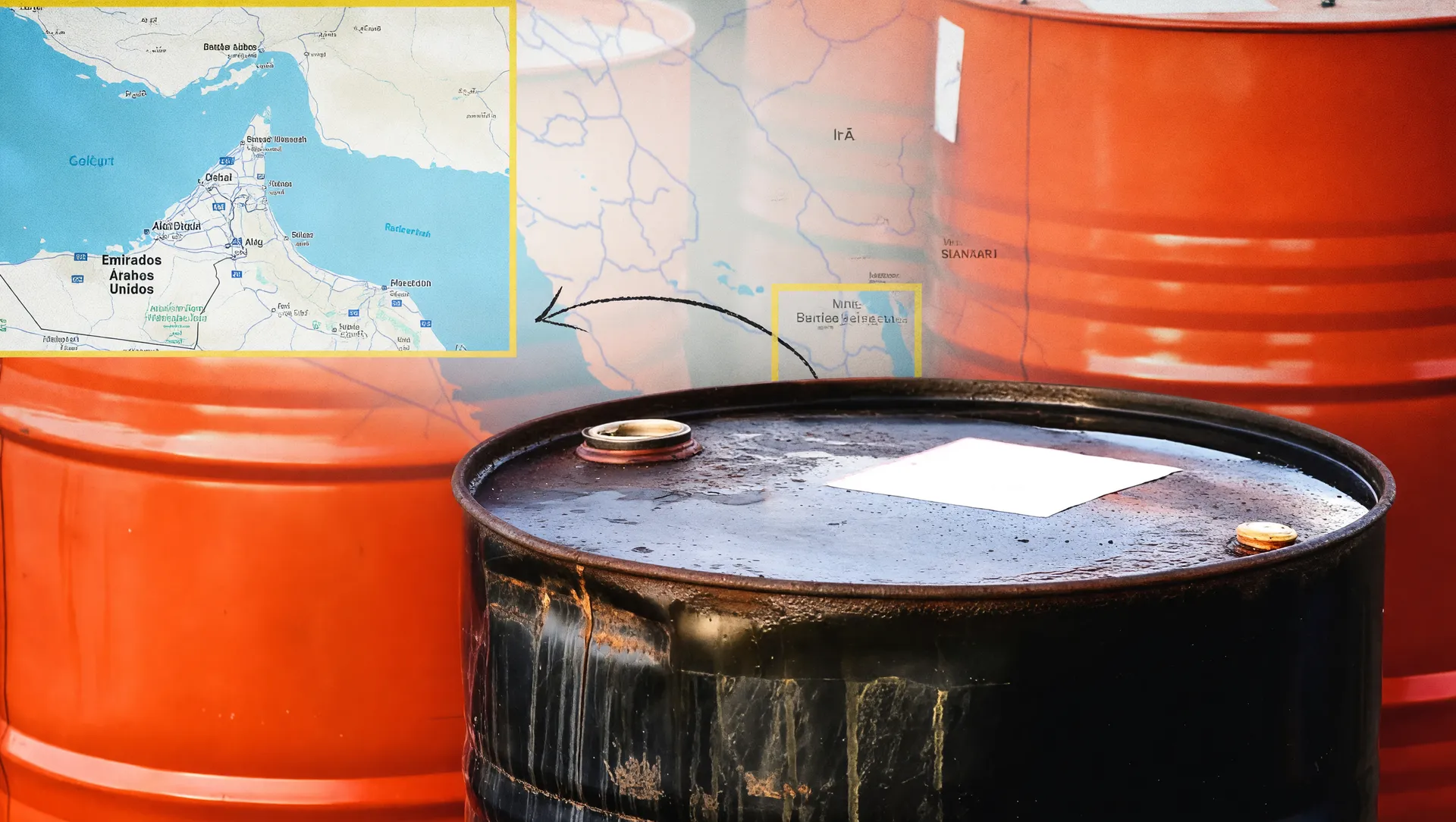 Barris de petróleo e mapa do Estreito de Ormuz ilustram a alta do Brent no Oriente Médio