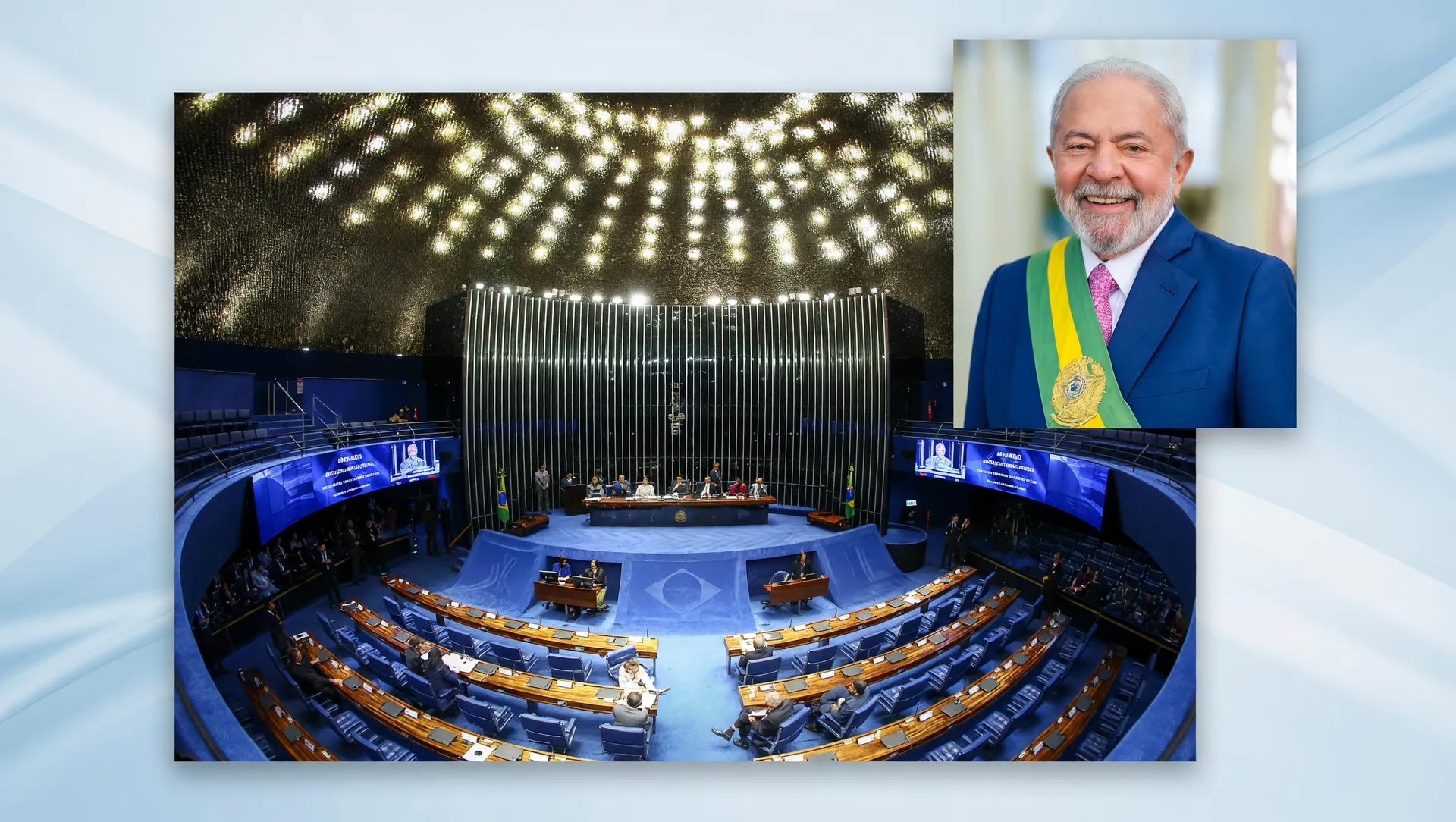 Senado em sessão e retrato de Lula, representando a aprovação do piso salarial professores 2026 reajuste