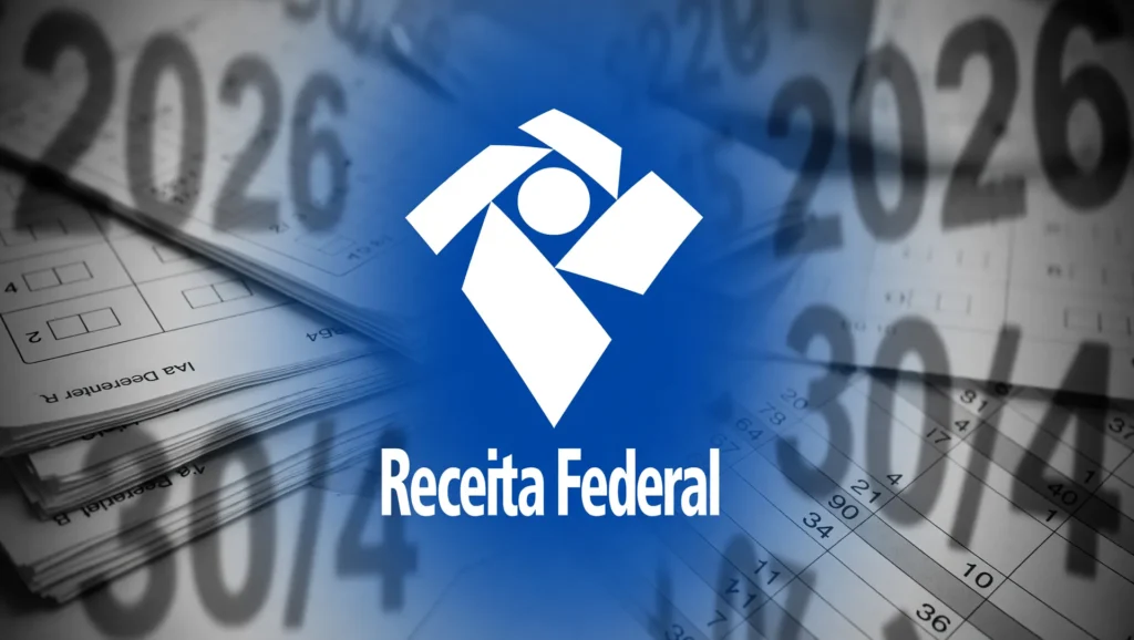 Composição editorial com símbolo da Receita Federal destacando o prazo declaração IR 2026 e urgência de cumprimento