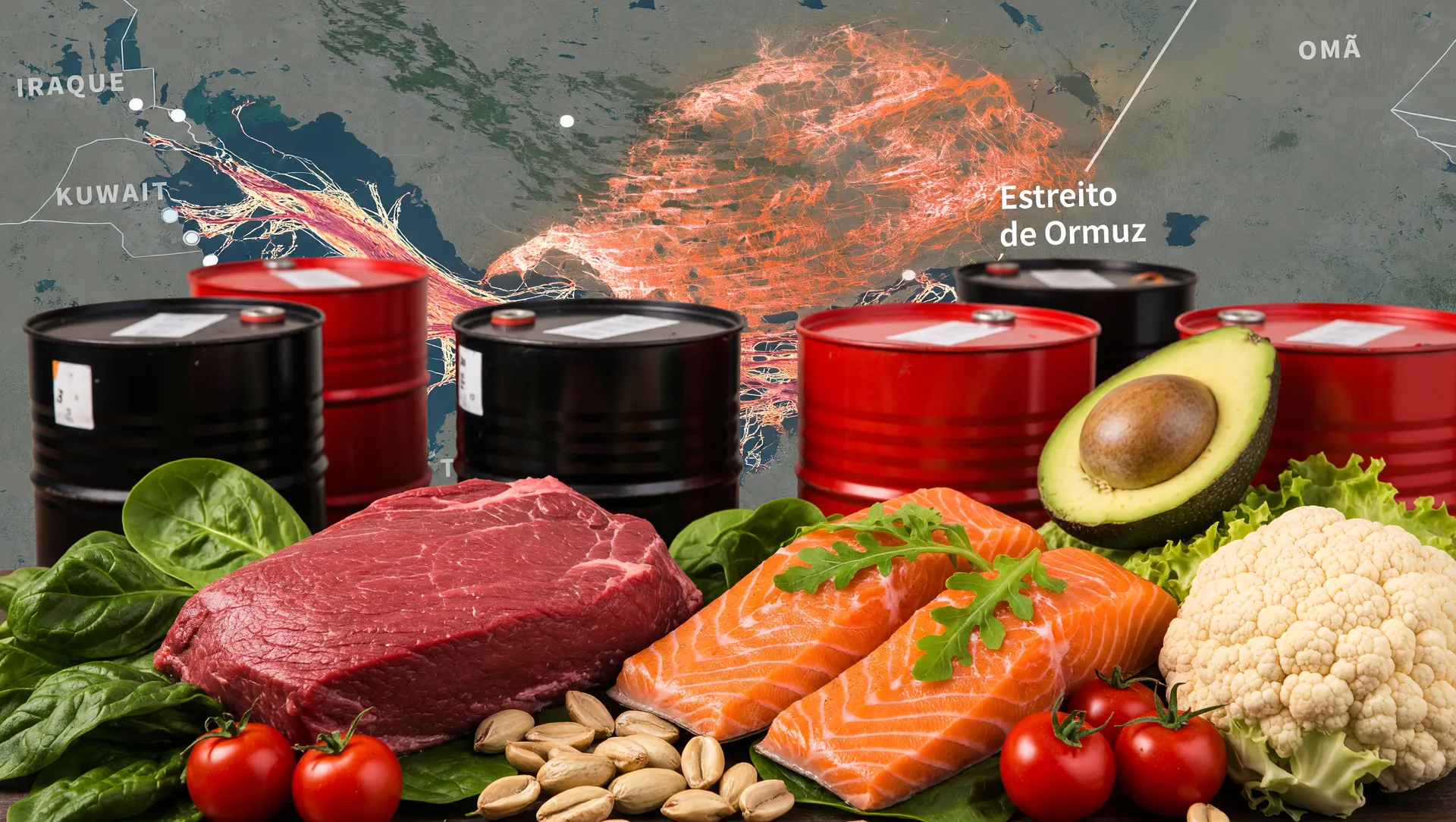 Mapa do Estreito de Ormuz com petróleo e alimentos: impacto da guerra no Oriente Médio no preço dos alimentos