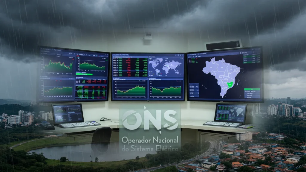 Centro de operações do ONS monitorando consumo de energia elétrica com chuvas aliviando reservatórios