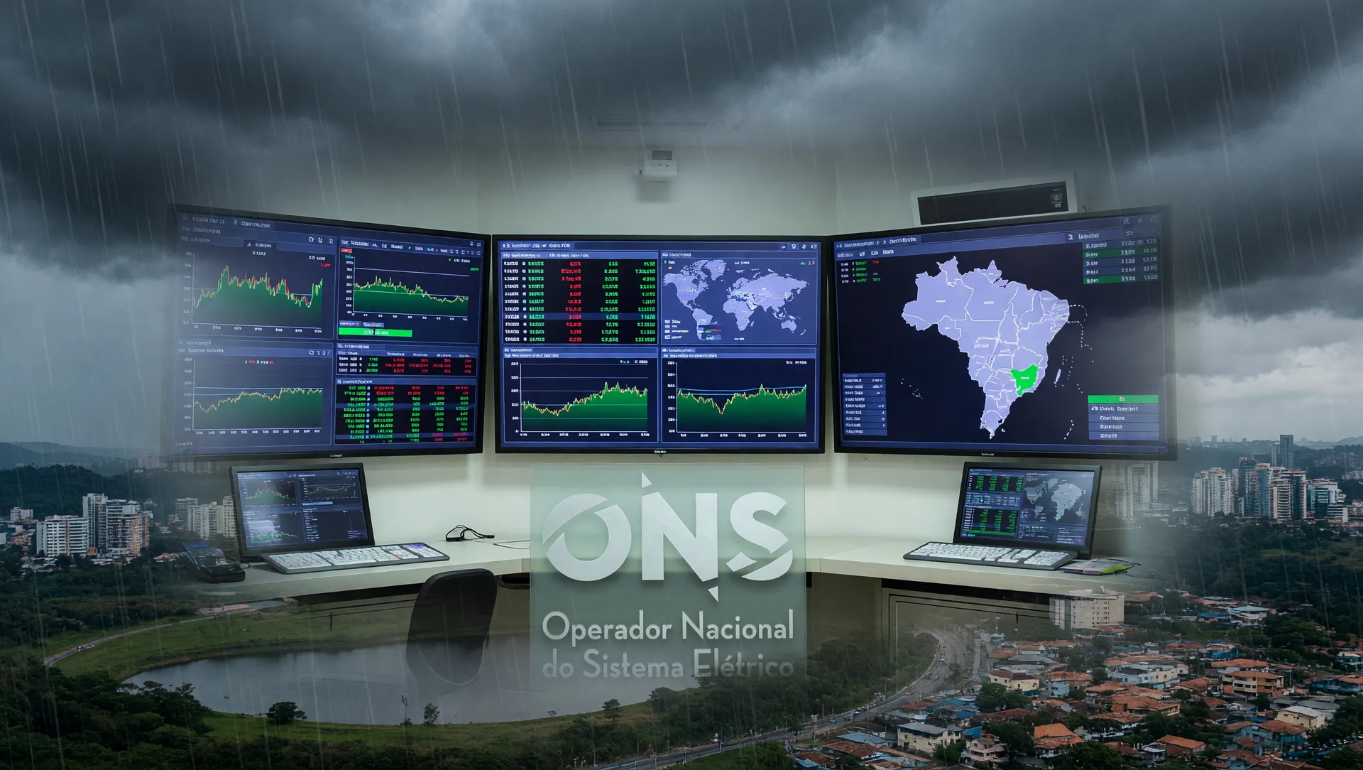 Centro de operações do ONS monitorando consumo de energia elétrica com chuvas aliviando reservatórios