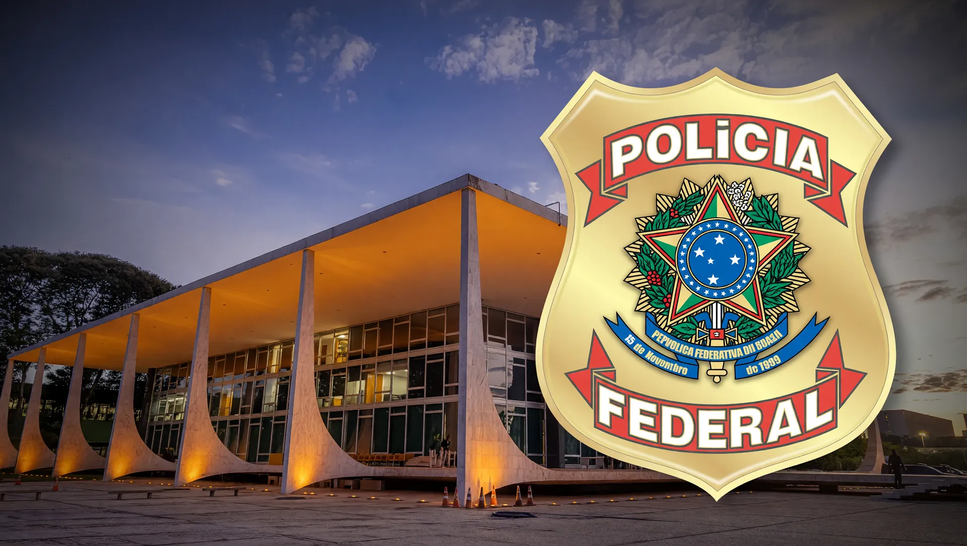 Fachada do STF ao entardecer e brasão da Polícia Federal representam operação Compliance Zero com primo de Vorcaro preso