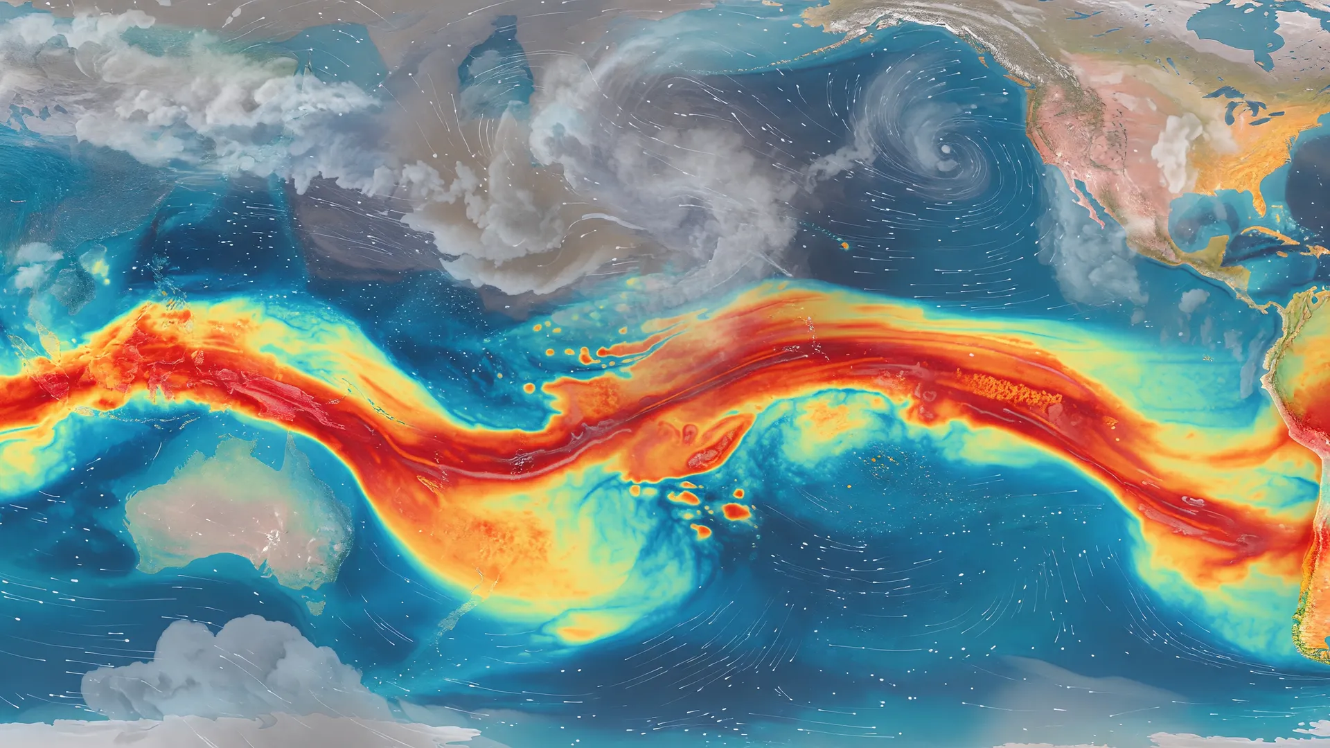 Visualização sobre a probabilidade El Niño se formar em 2026, mostrando padrões oceânicos aquecidos