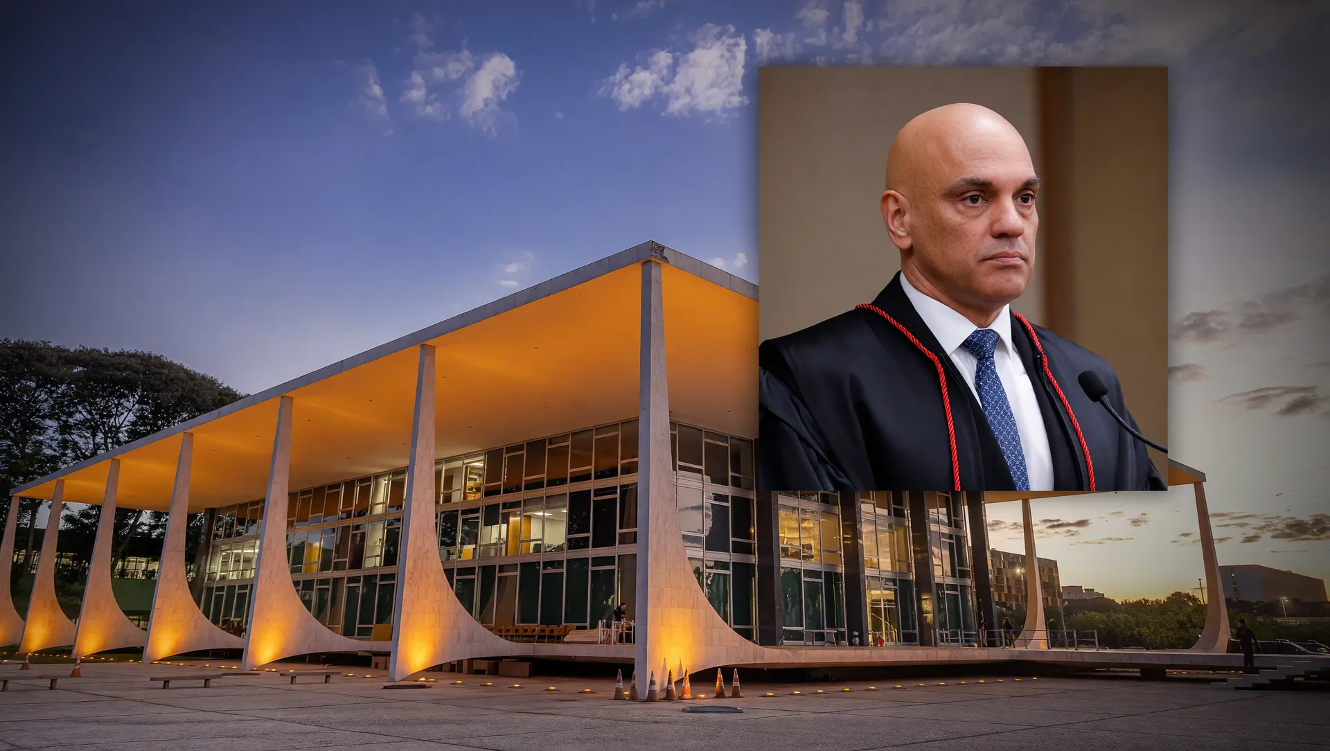 Fachada do STF ao entardecer com retrato de Moraes: resposta ao processo contra Moraes nos EUA