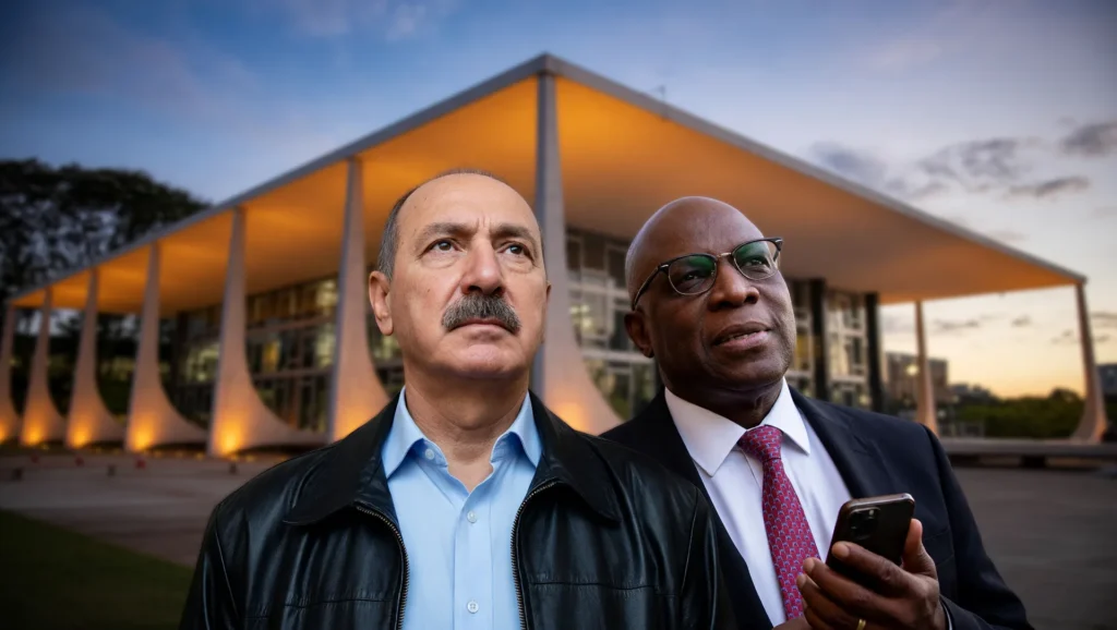Processo disciplinar Aldo Rebelo DC: ex-ministro em primeiro plano, Joaquim Barbosa ao fundo, contexto STF.