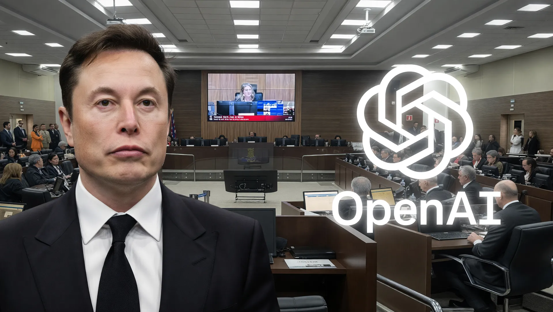 Processo judicial OpenAI Elon Musk retratado em tribunal com magistrados e símbolos das empresas em composição editorial