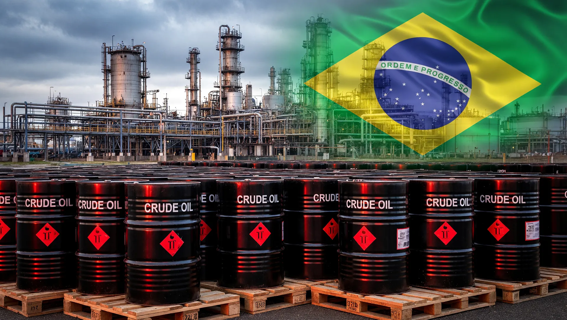 Barris de petróleo e símbolo do Brasil representando novo recorde na produção de petróleo Brasil