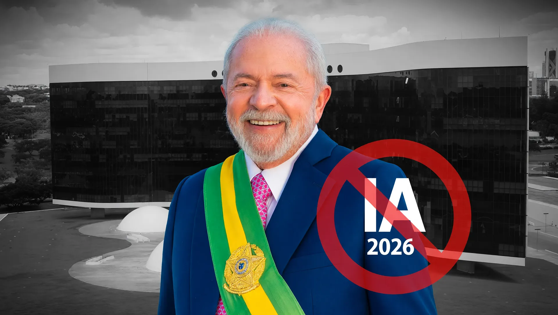 Presidente Lula em retrato presidencial com prédio do TSE ao fundo, símbolo da proibição de IA nas eleições 2026
