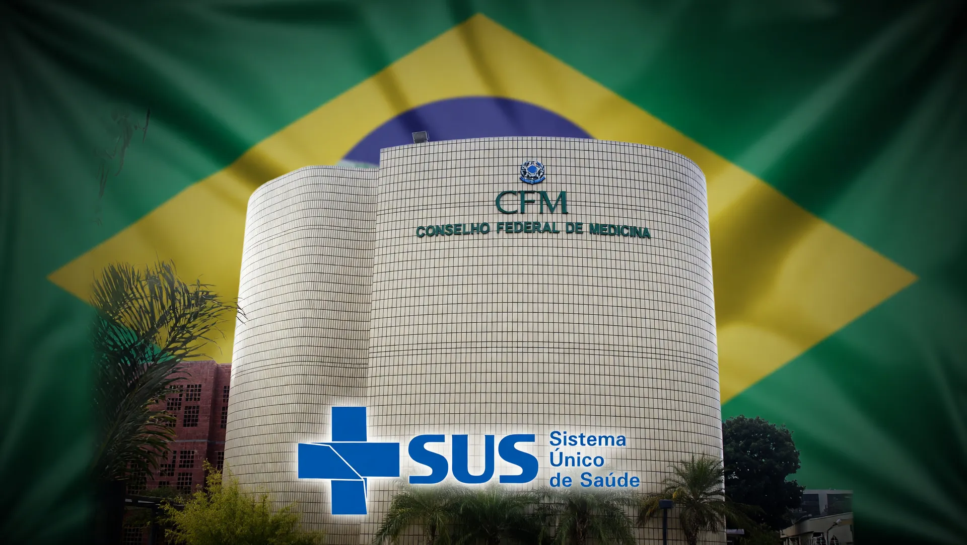 Sede CFM, bandeira do Brasil e logo SUS simbolizando a proibição de PMMA estética no Brasil