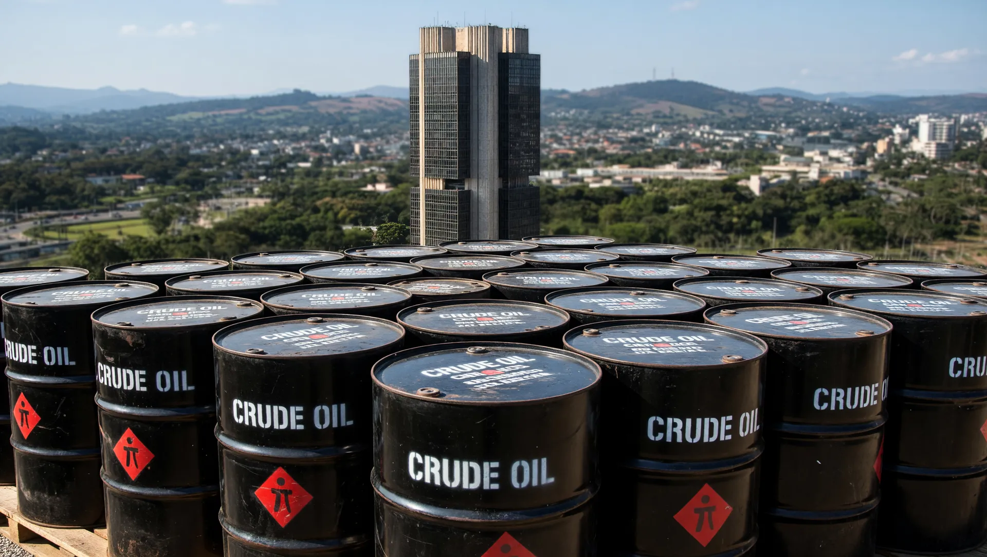 Barris de petróleo sobre fundo com Banco Central, ilustrando a projeção inflação 2026 Boletim Focus.