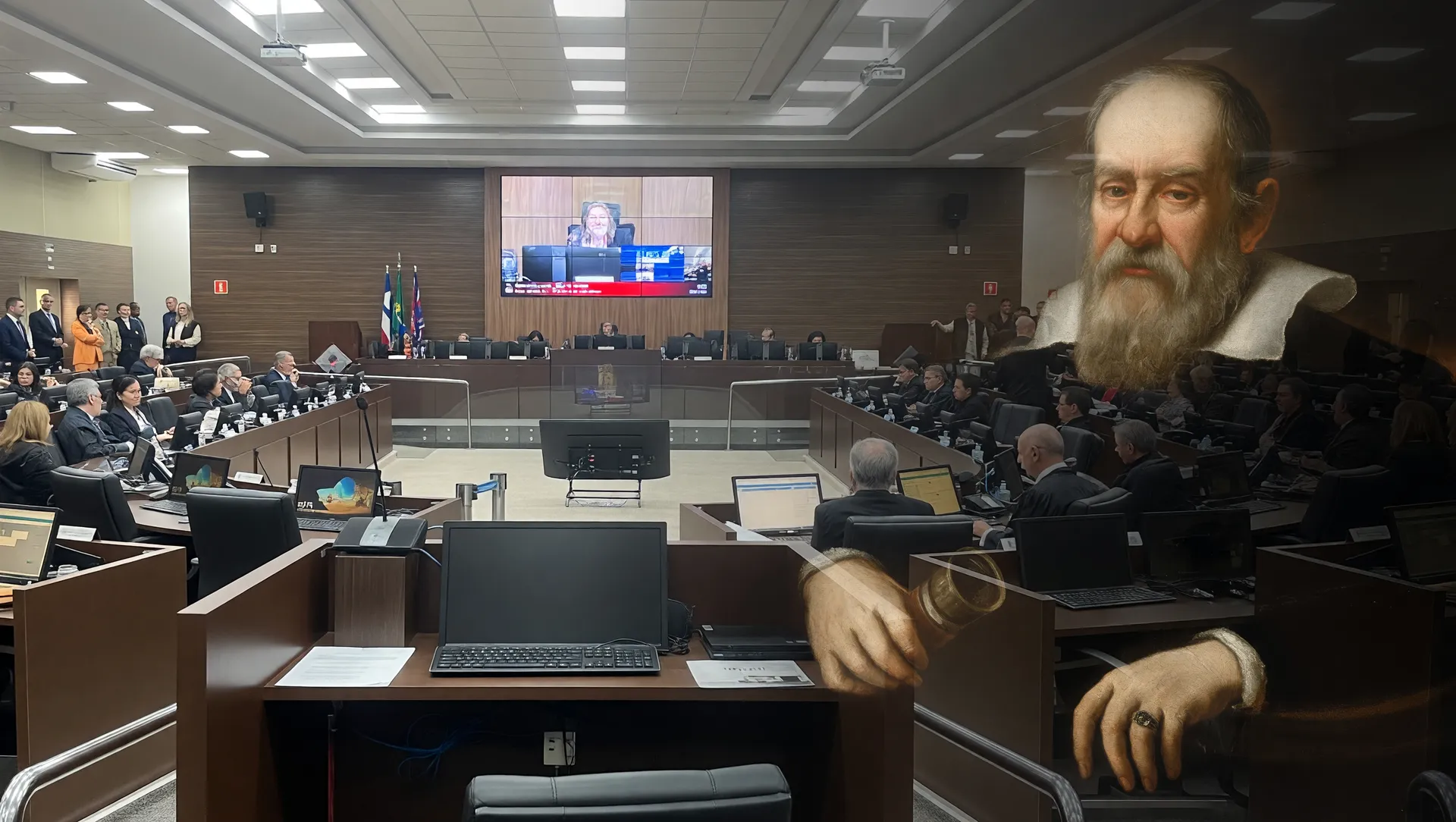 Tribunal em sessão detectando prompt injection com inteligência artificial contra ciberataques