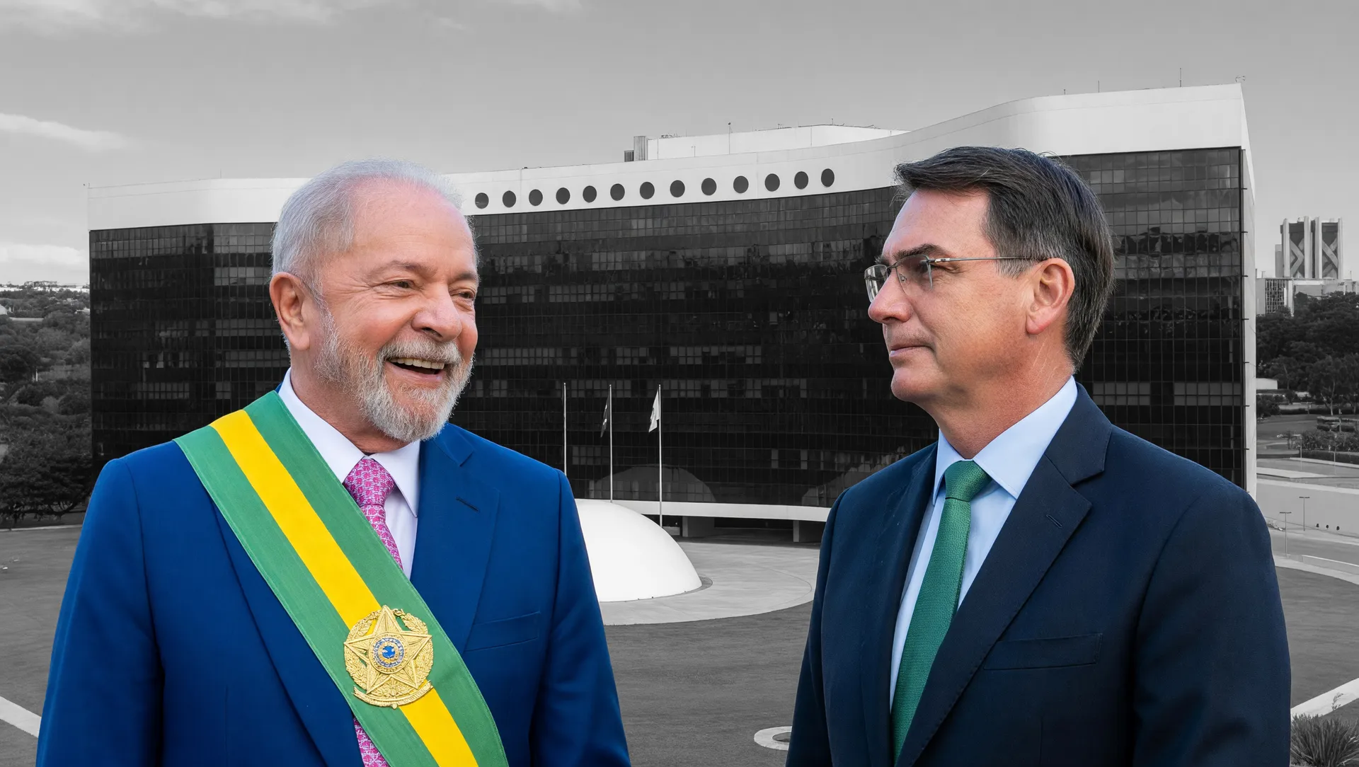 Fachada do TSE com figuras políticas simbolizando a batalha sobre propaganda eleitoral antecipada TSE 2026