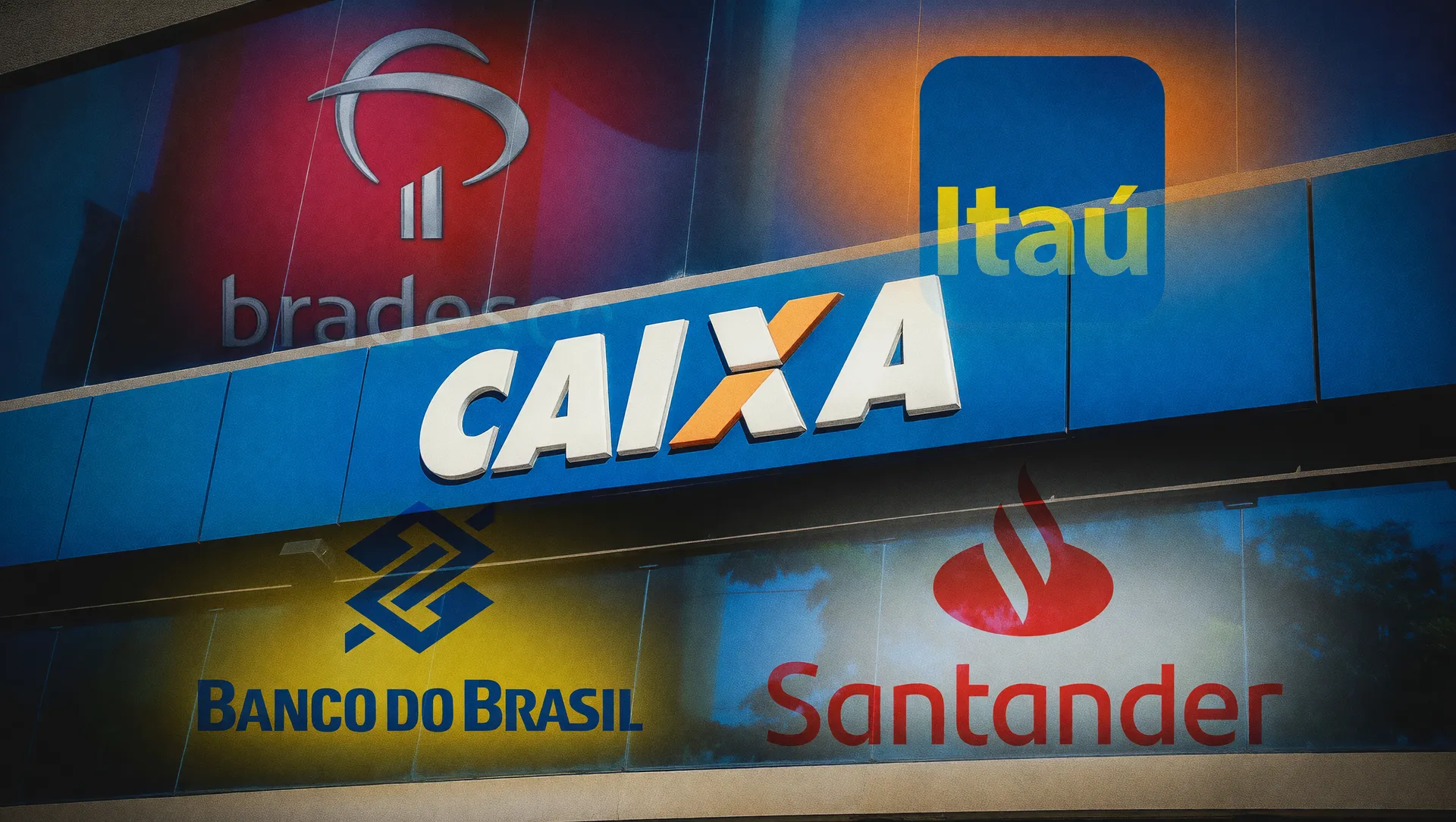 Agência Caixa entre logos bancários ilustrando a queda lucro Caixa Econômica Federal em 2026