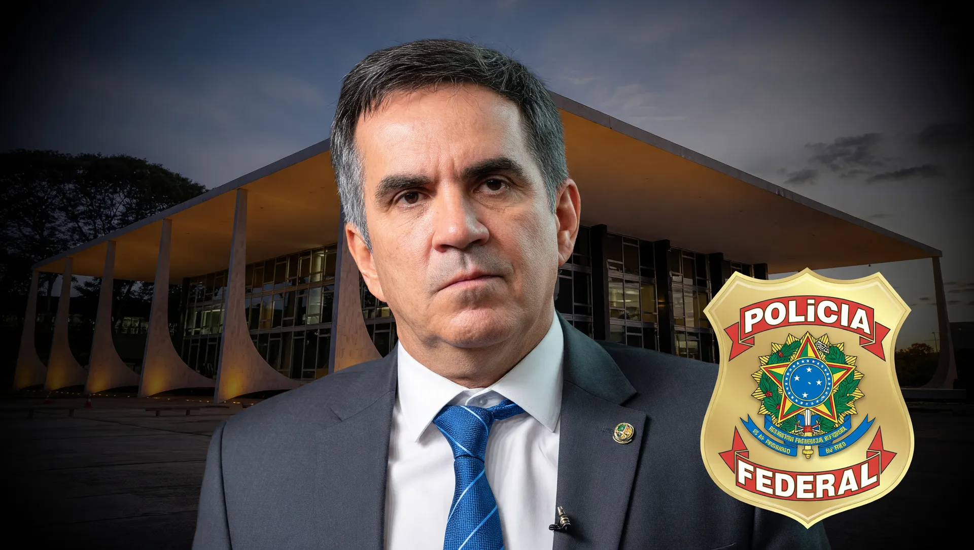 Ciro Nogueira, brasão da Polícia Federal e STF em composição editorial sobre pagamento Refit à sua família