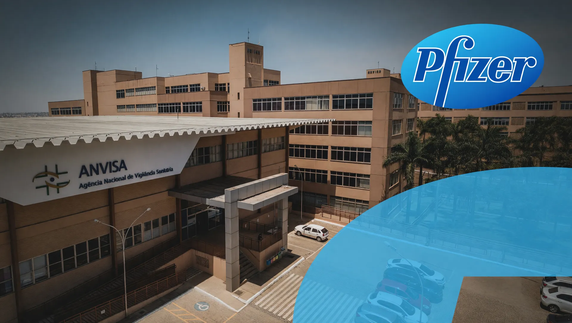 Prédio da Anvisa ao lado do logo Pfizer, representando aprovação do novo remédio para enxaqueca dissolve na boca