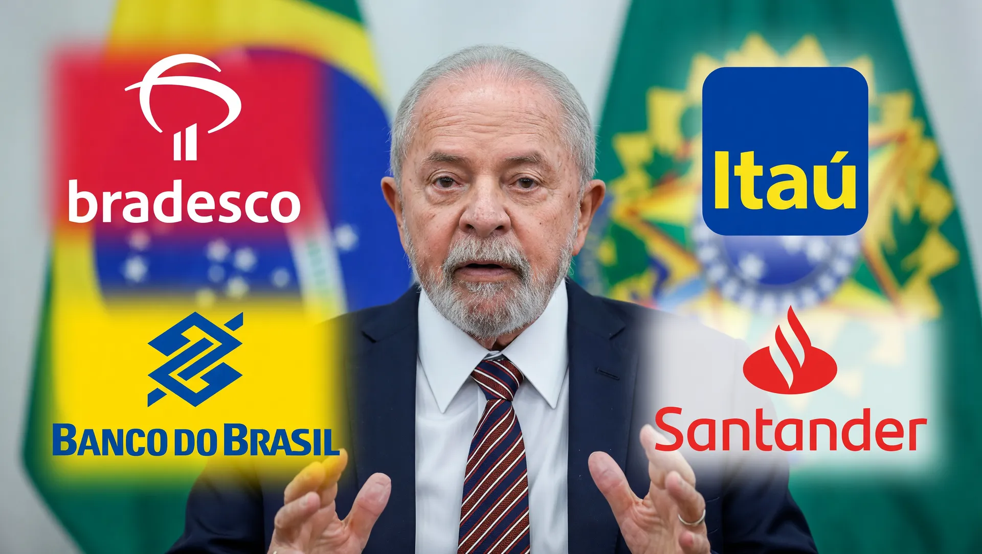 Lula e logos de bancos brasileiros para artigo sobre renegociação de dívidas Desenrola 2.0