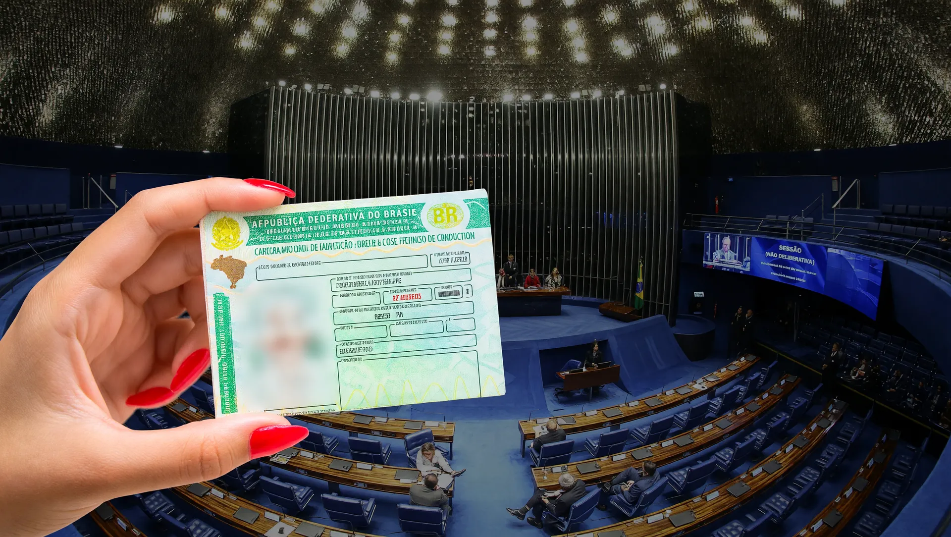 Colagem editorial mostrando o Senado votando sobre renovação automática de CNH para bons condutores