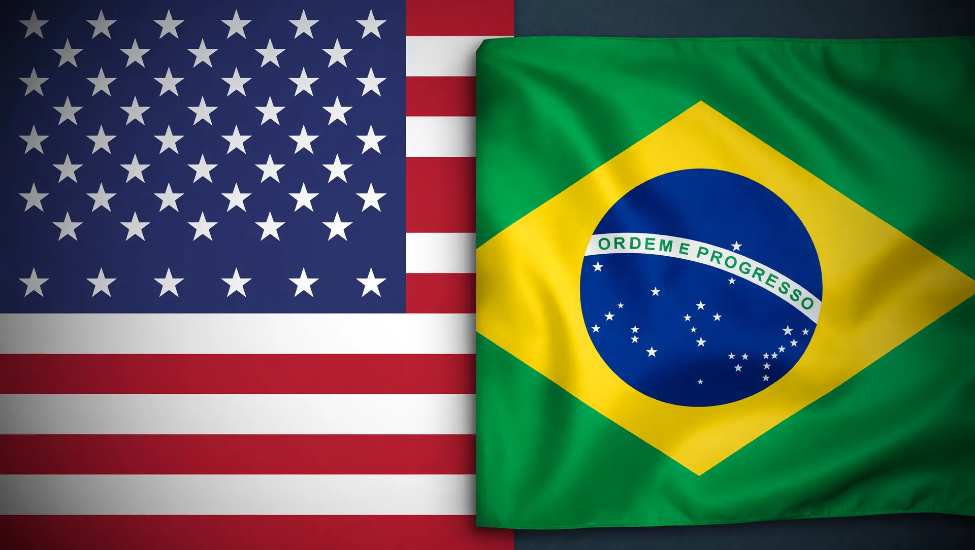 Bandeiras dos EUA e Brasil em editorial comparando leis sobre restrição de celular no trabalho