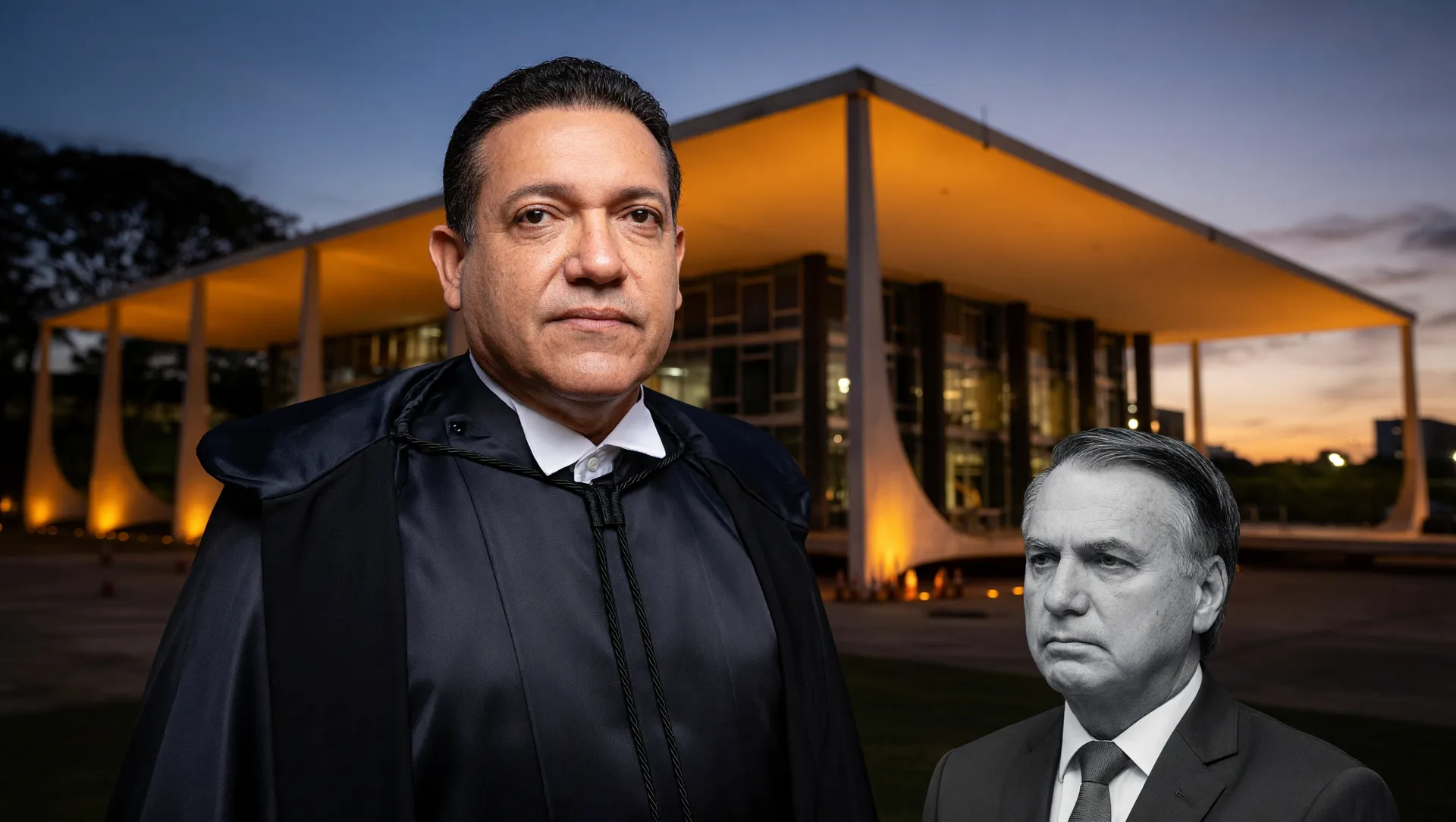 Nunes Marques analisa revisão criminal Bolsonaro no STF com fachada dramaticamente iluminada ao fundo em tom institucional.