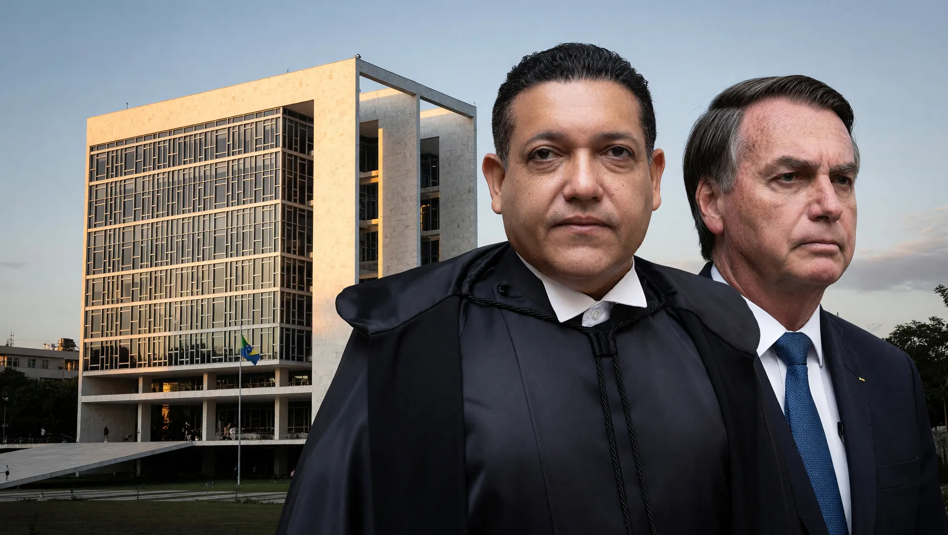 Ministro Nunes Marques em toga judicial, fachada do STF e Bolsonaro: revisão criminal condenação suprema