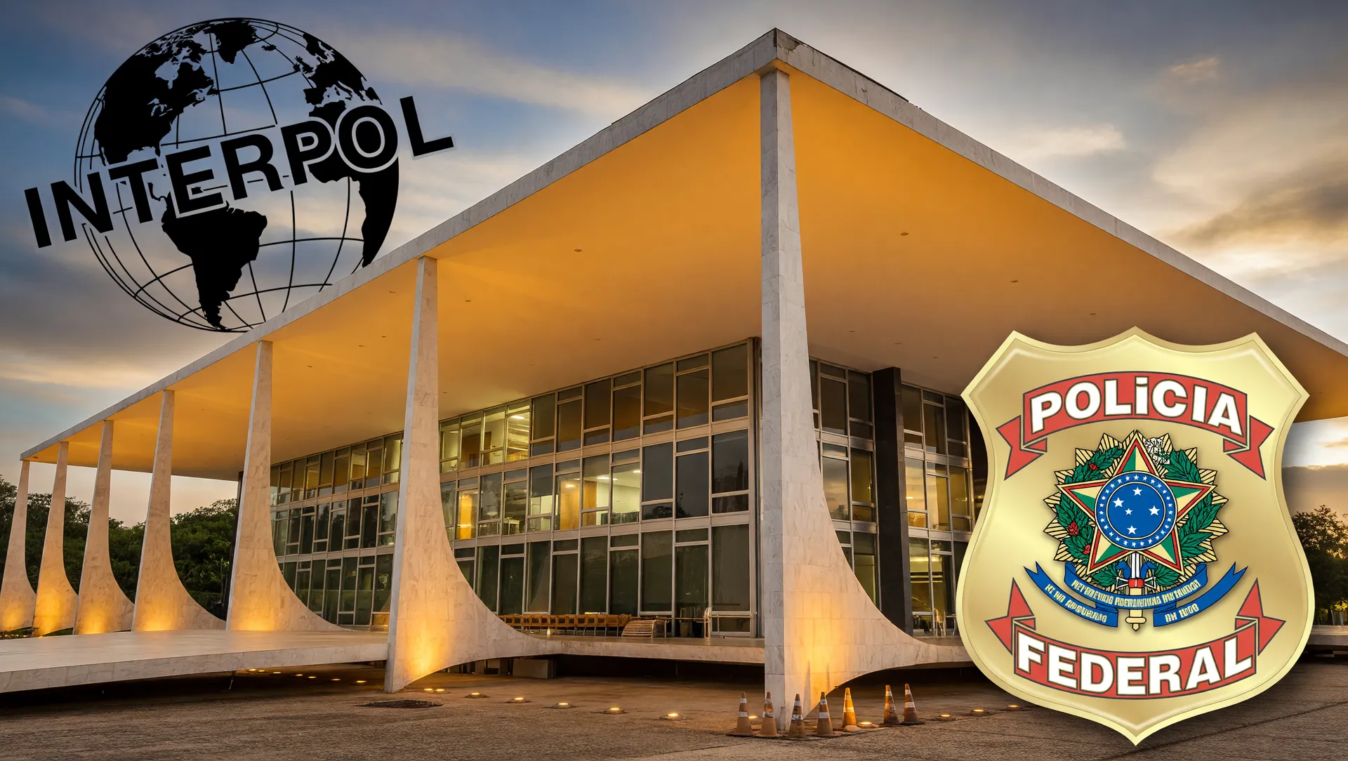 Fachada do STF ao entardecer e brasão Polícia Federal: prisão de Ricardo Magro pela Interpol