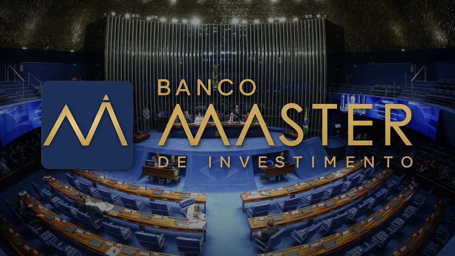 Senado Federal em sessão com marca do Banco Master em primeiro plano sugerindo polêmica na sabatina Otto Lobo CVM