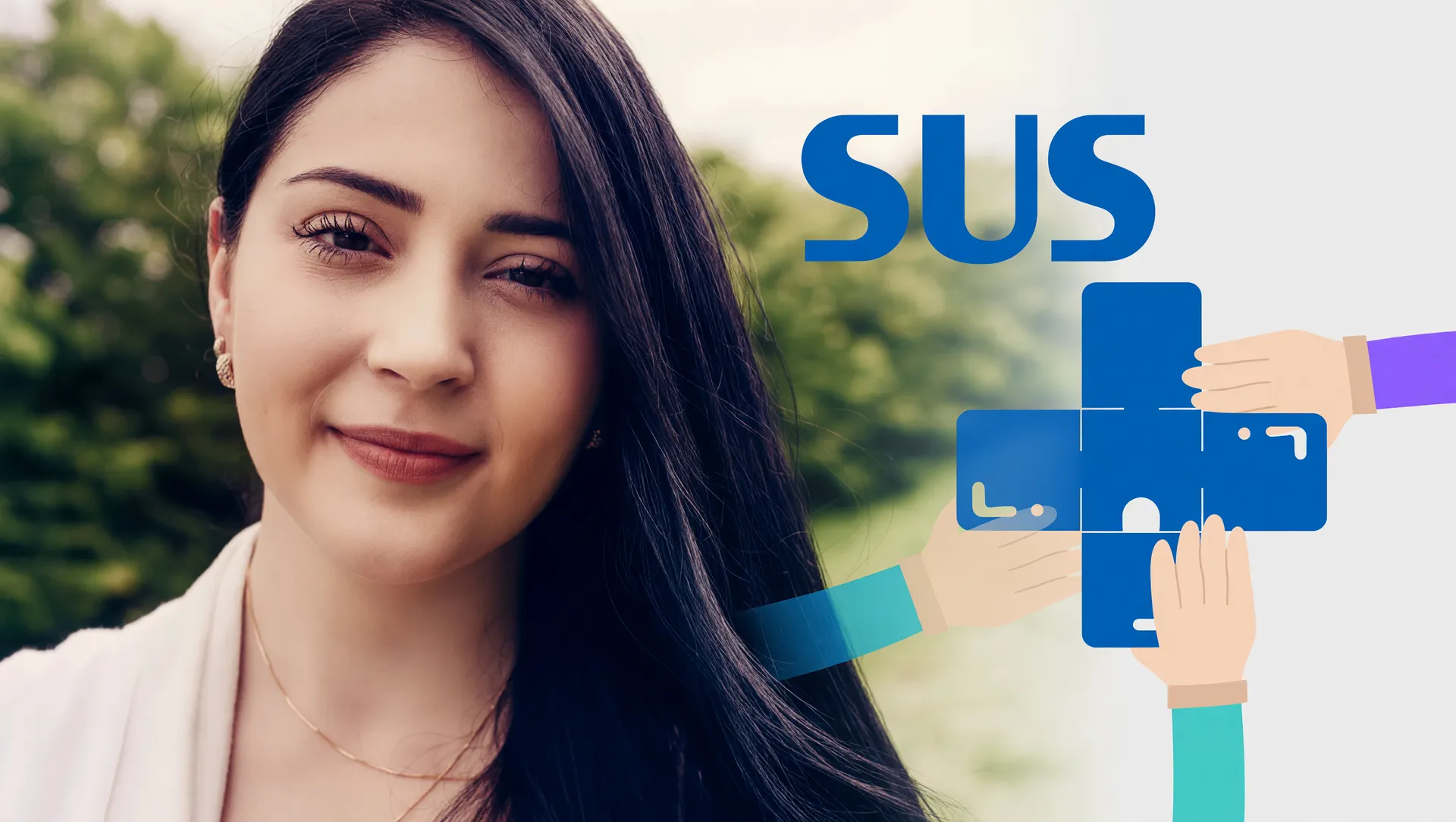 Mulher em background natural e SUS colaborativo, simbolizando diagnóstico da síndrome ovários policísticos novo nome