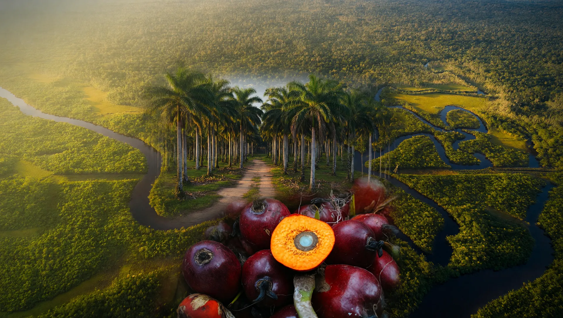 Sistema agroflorestal de dendê no Pará integra floresta amazônica com plantação produtiva de frutos laranja vibrantes