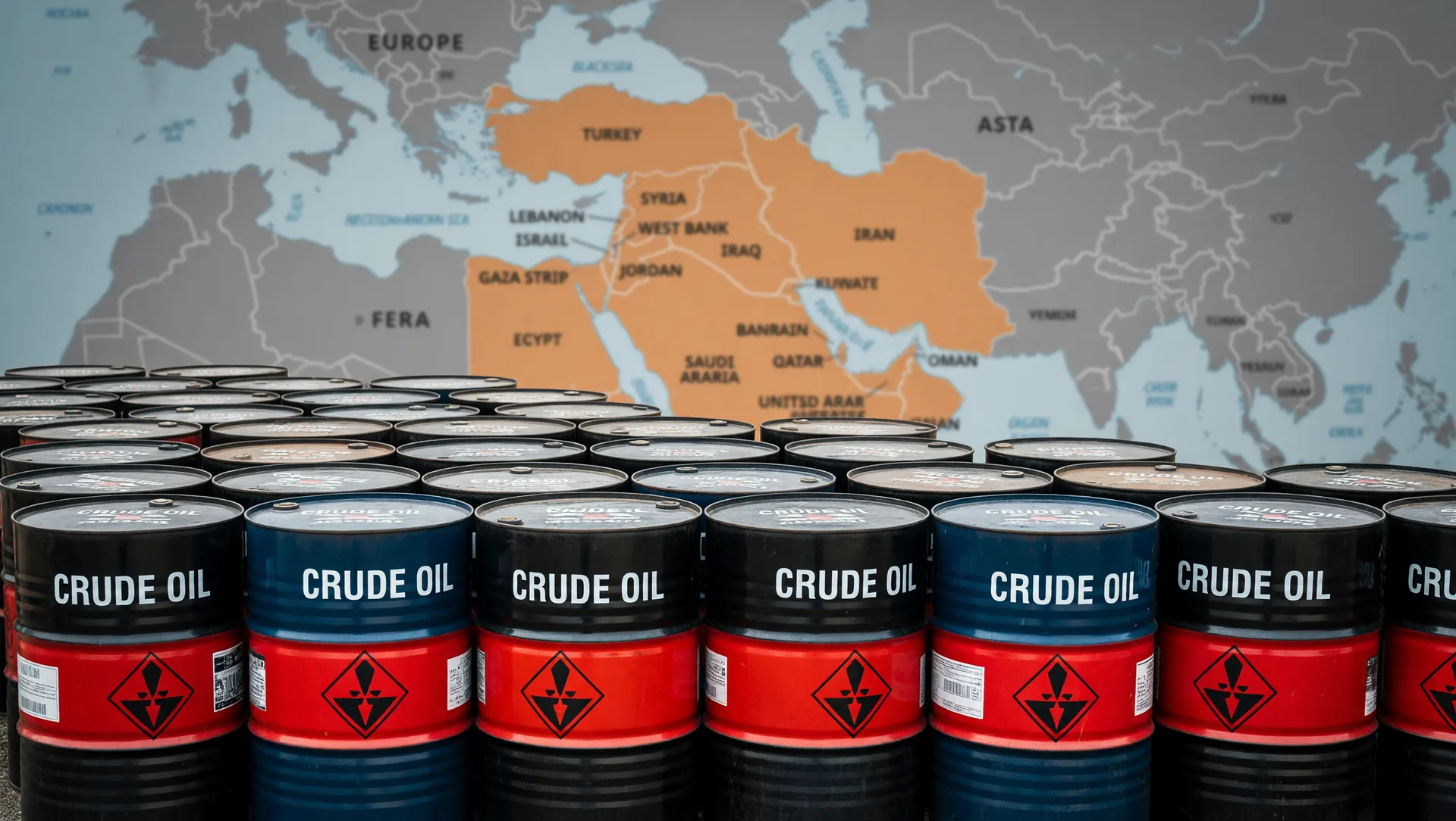 Barris de petróleo com mapa do Oriente Médio ao fundo, representando o superávit balança comercial de abril de 2026