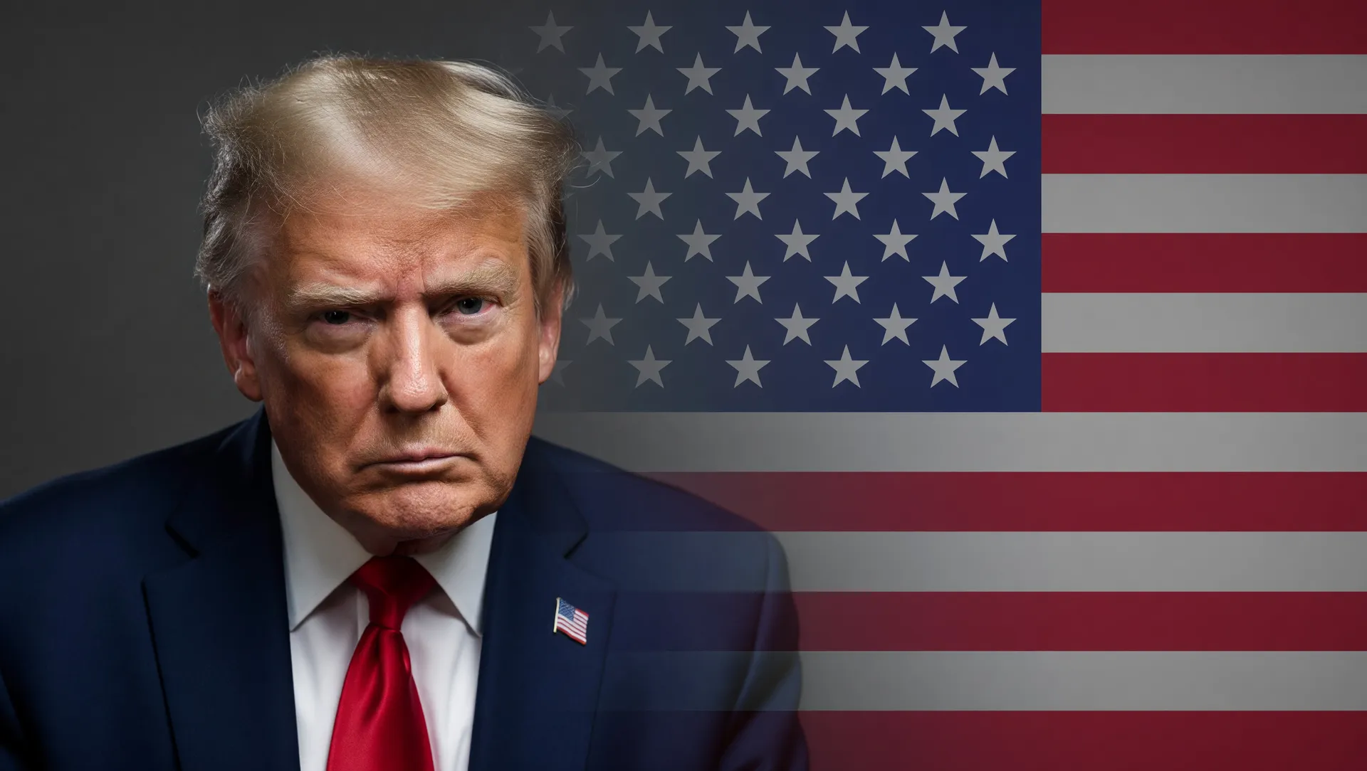 Retrato de Trump com bandeira dos EUA para cobertura da tarifa global de 10% Trump ilegal