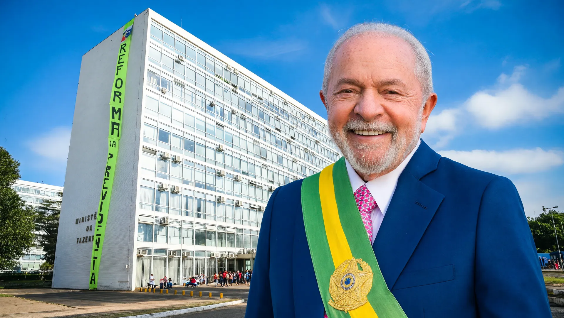 Lula em retrato presidencial com Ministério da Fazenda ao fundo, representando revogação da taxa das blusinhas