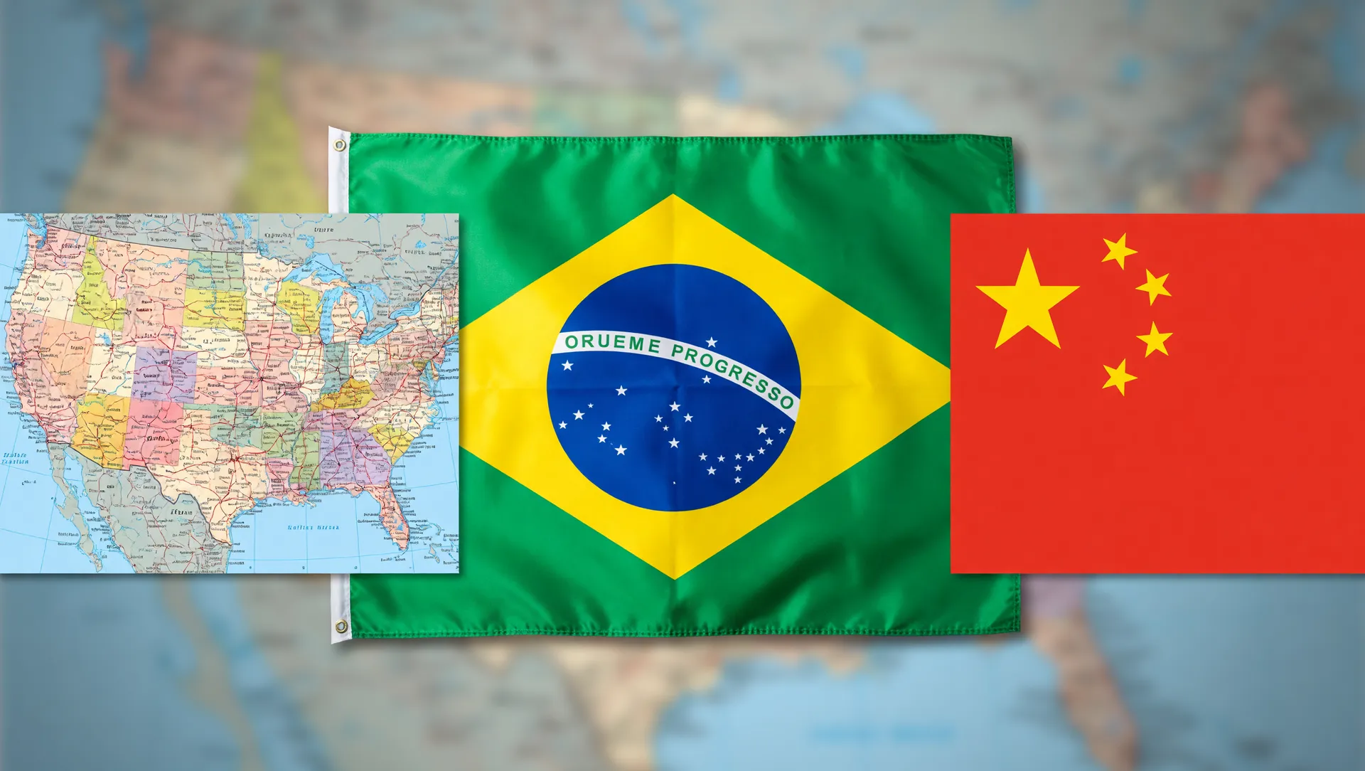 Brasil como fornecedor global de terras raras: bandeiras de Brasil, EUA e China em disputa