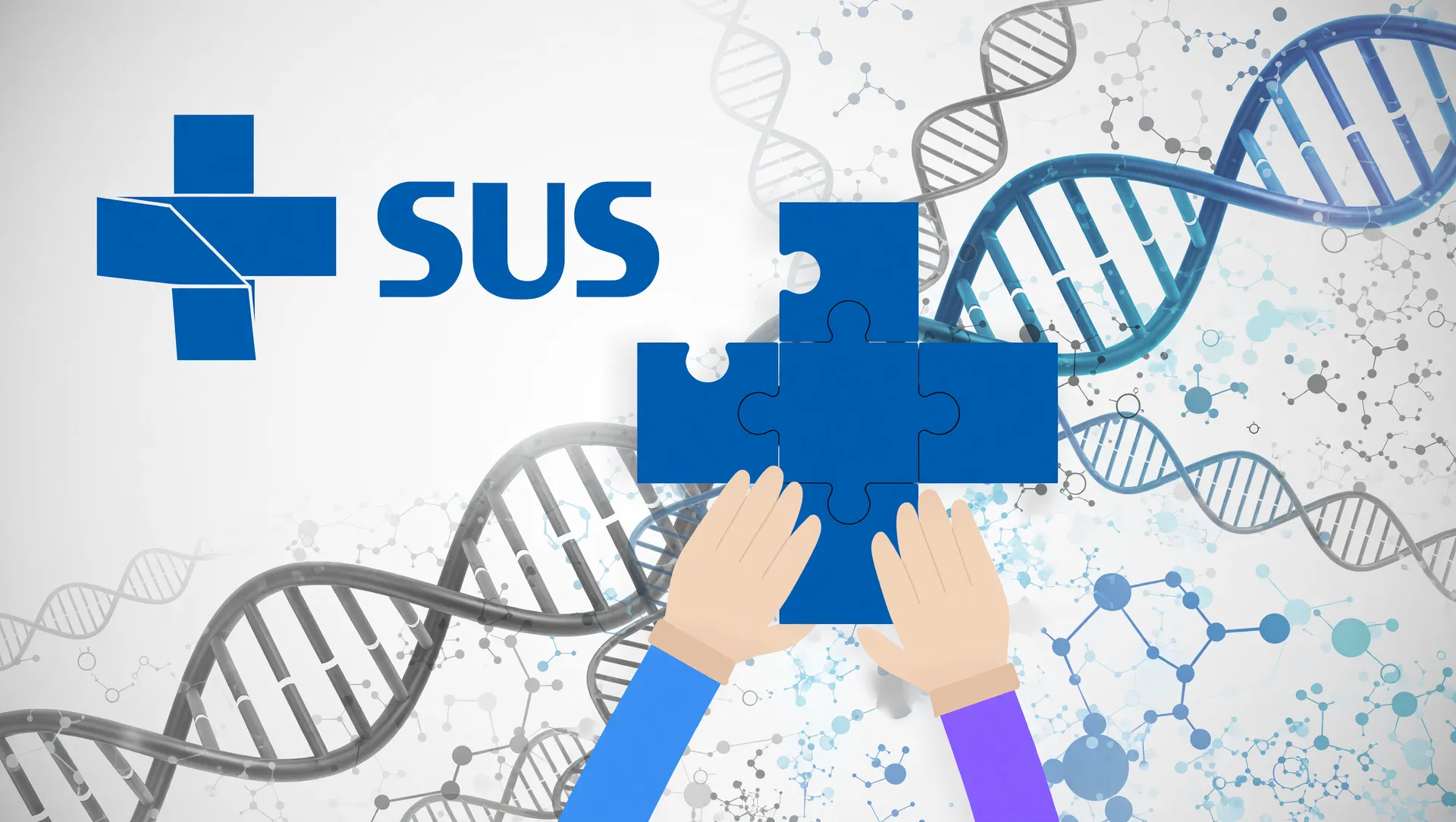 Teste genético câncer de mama SUS: logo do sistema com elementos de moléculas de DNA