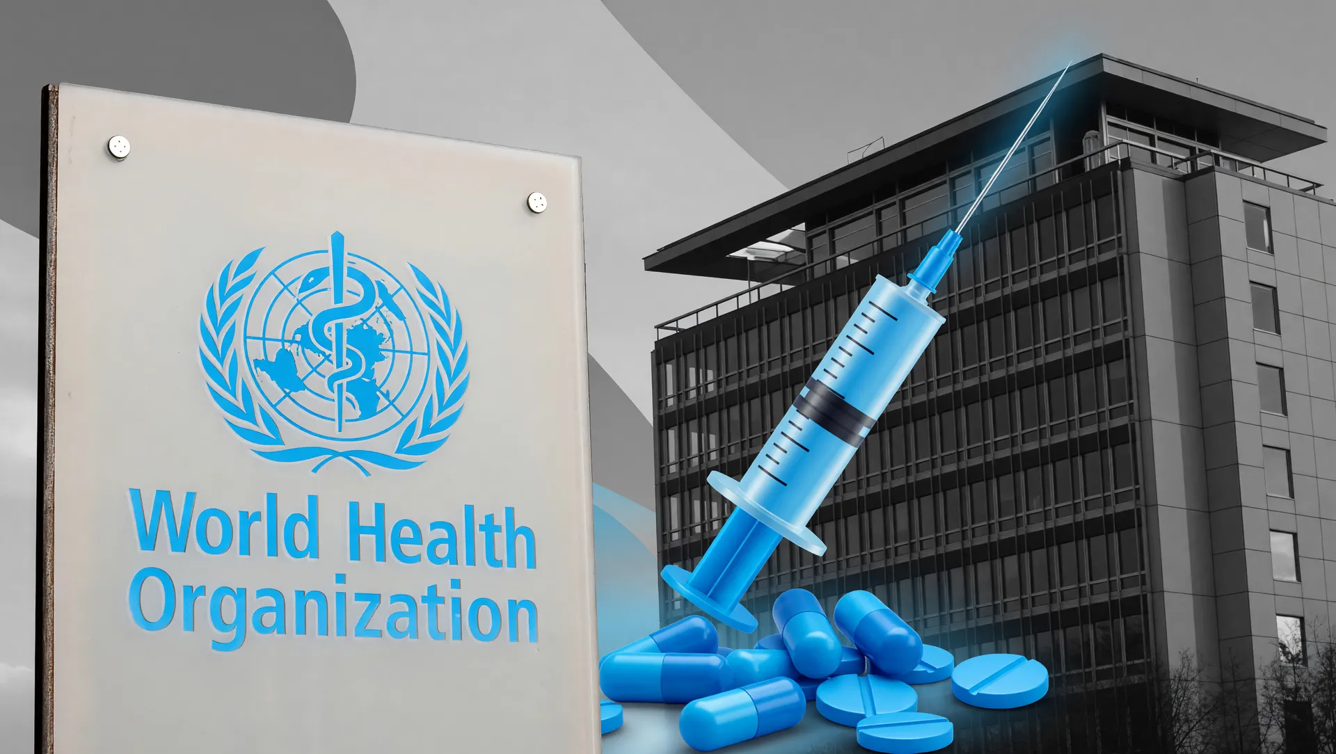 Símbolo institucional da OMS e os tratamentos experimentais contra Ebola Bundibugyo em ação