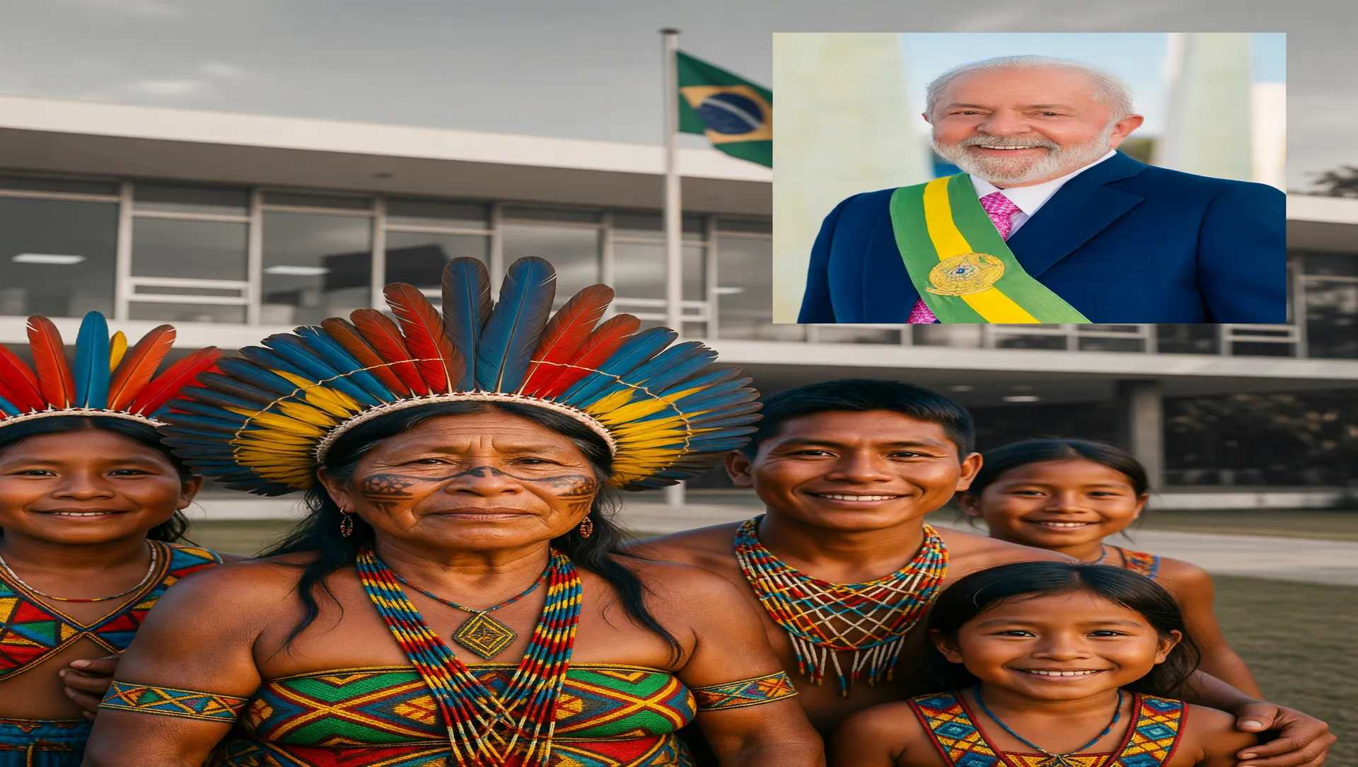 Comunidade indígena e presidente Lula em composição editorial sobre a universidade federal indígena Brasil