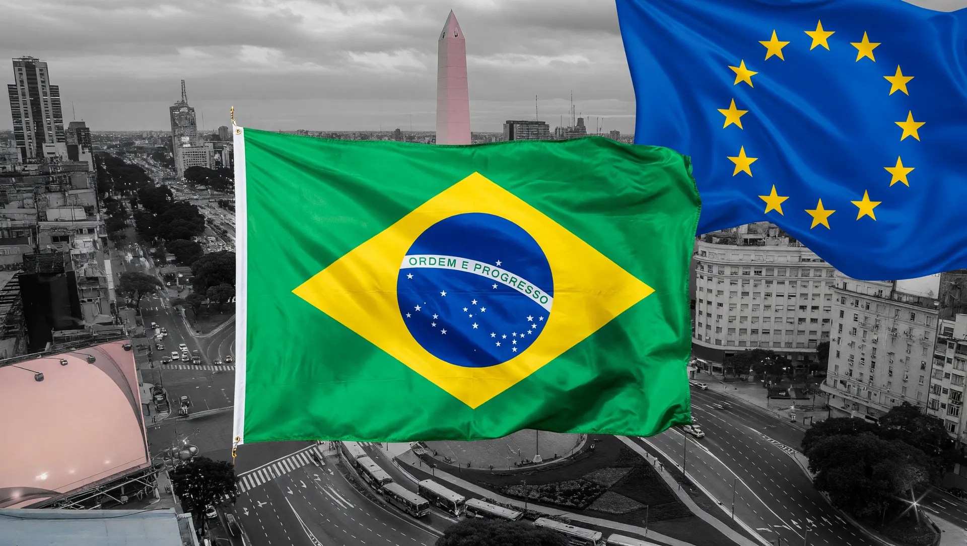 Composição editorial mostrando veto da UE exportação carne brasileira com bandeiras do Brasil e Europa em contraste.