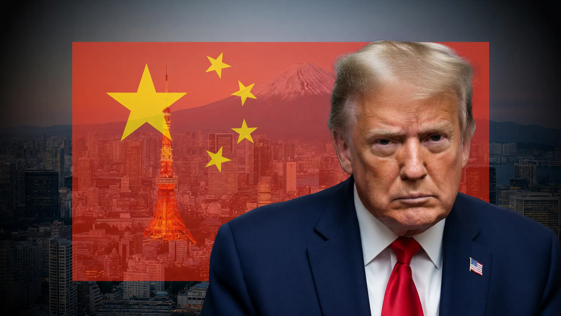 Visita de Trump à China: retrato presidencial com símbolos de China e Japão em composição geográfica