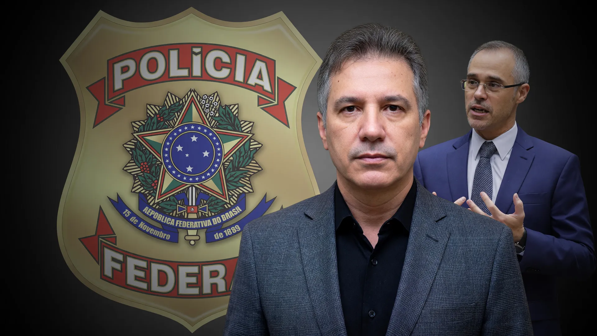 Retrato de Henrique Vorcaro com insígnia da Polícia Federal em composição que representa acesso ilegal sistema SINAPSE