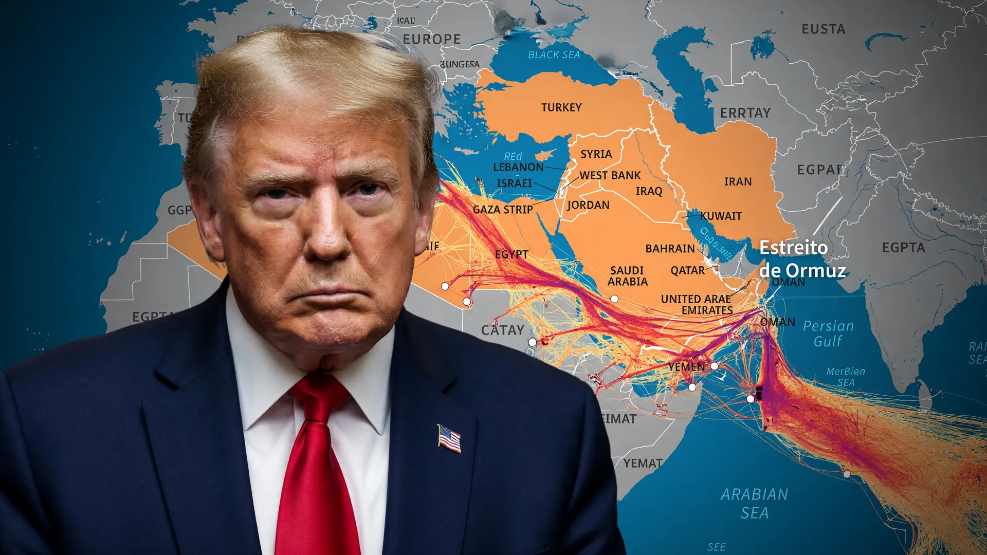 Trump e mapas mostrando acordo de paz EUA Irã no Oriente Médio, Estreito de Ormuz e impacto no dólar