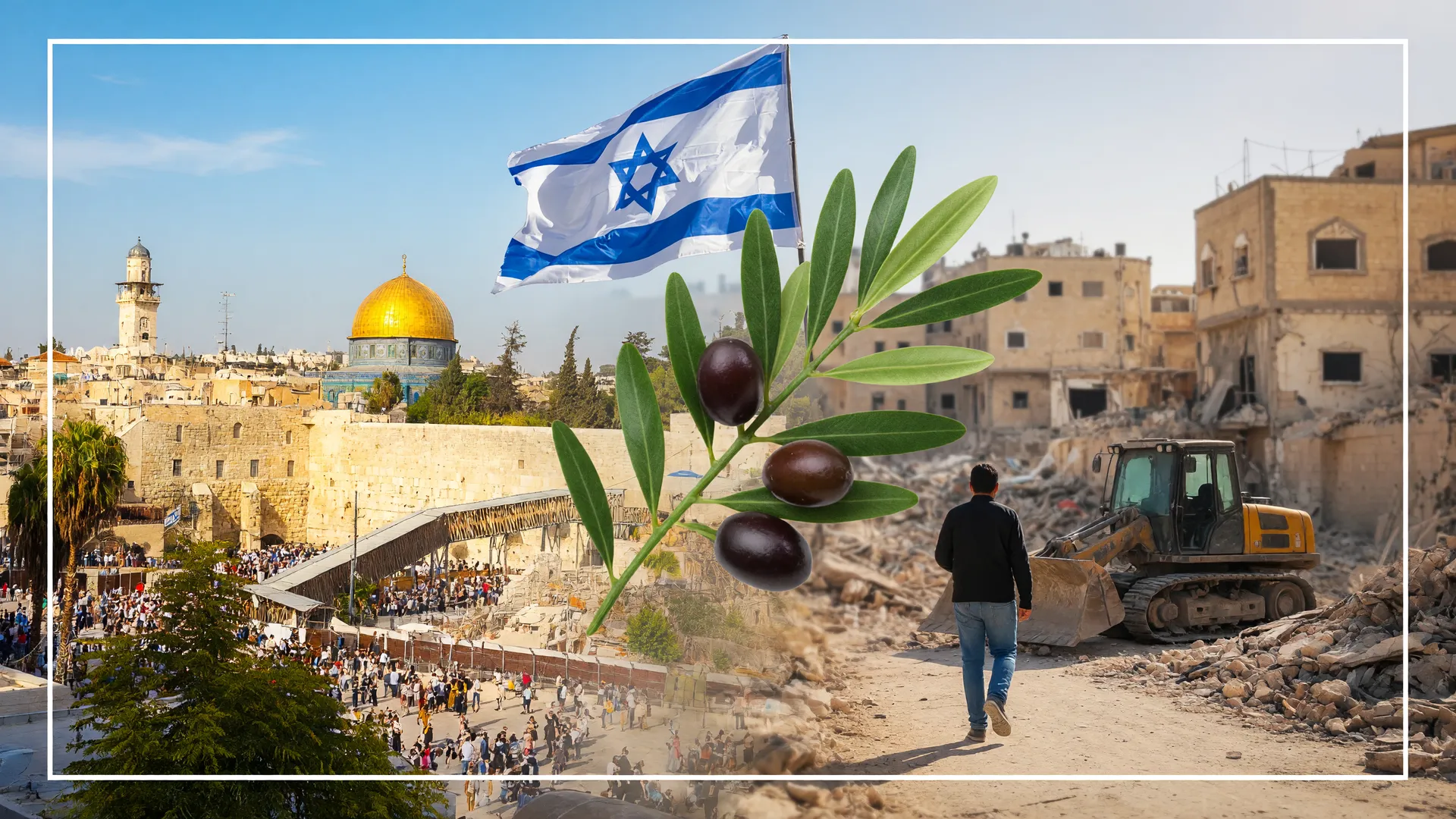 Acordo de paz Israel Líbano simbolizado pela bandeira israelense e Jerusalém ao lado da cidade libanesa em reconstrução.