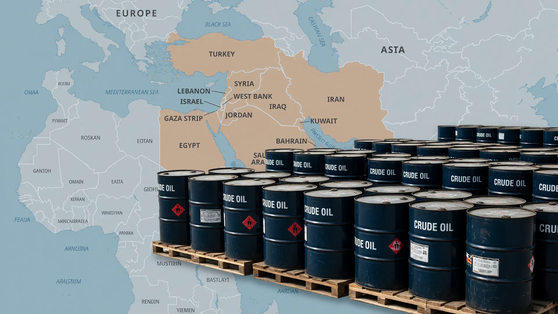 Mapa do Oriente Médio com barris de petróleo: acordo paz EUA Irã e impacto global no petróleo
