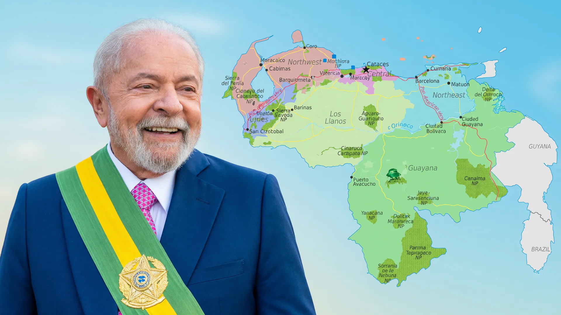 Presidente Lula em retrato com mapa da Venezuela, representando Brasil oferecendo ajuda humanitária após terremoto