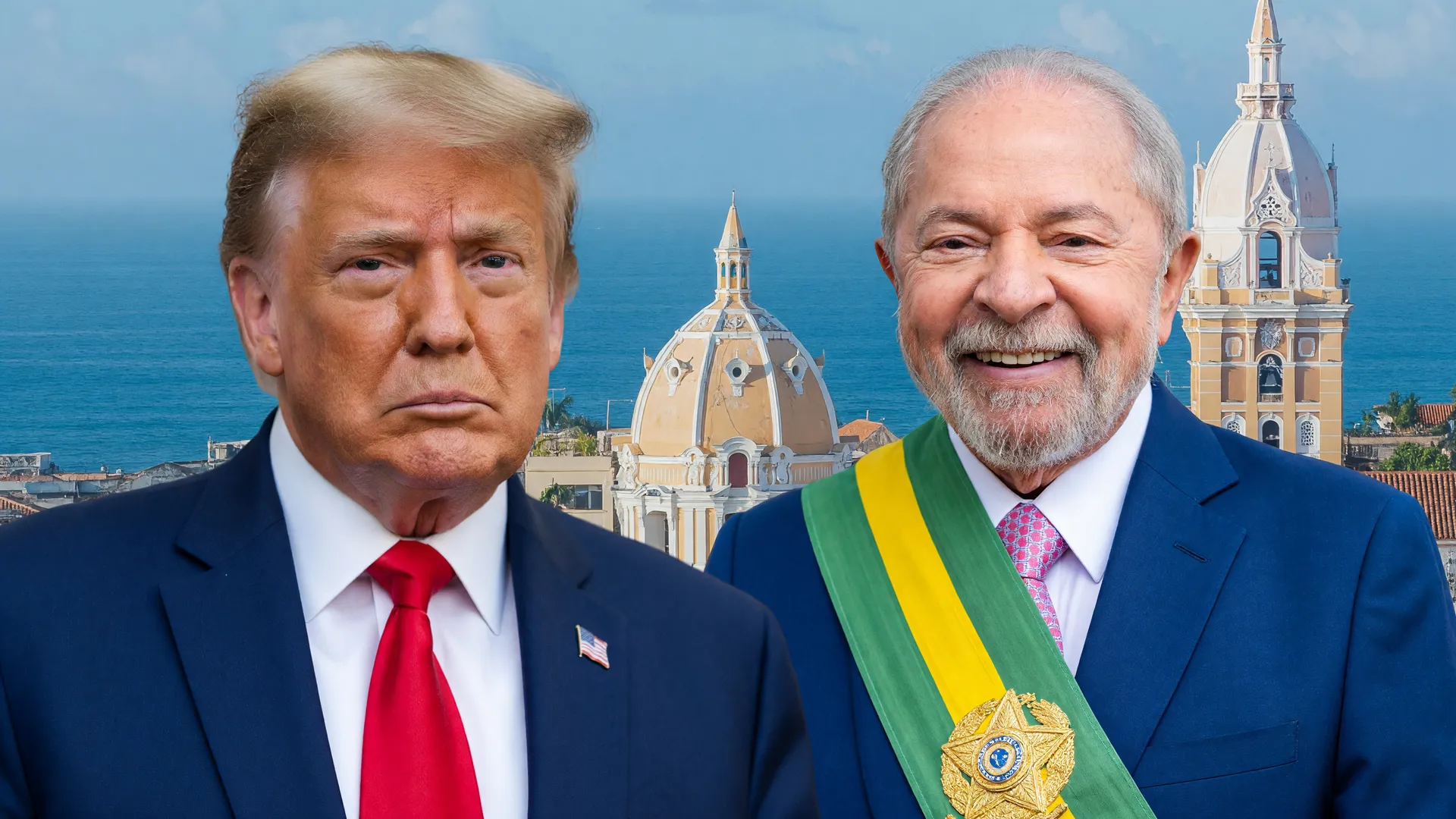 Retratos oficiais de Trump e Lula com Cartagena ao fundo, representando aliados de Trump na América do Sul